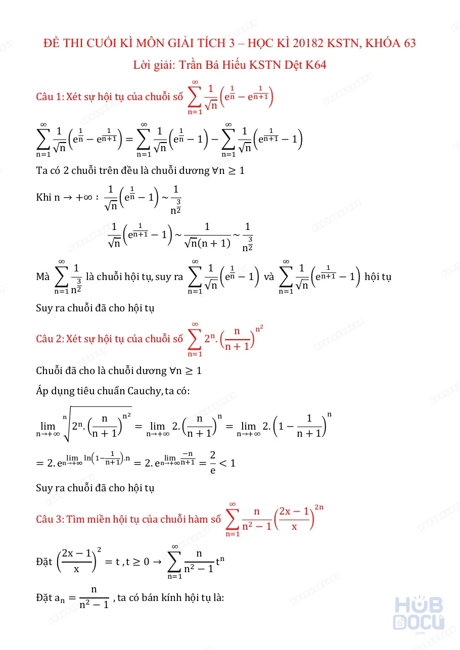 Đề thi Cuối kỳ Giải tích 3 (HUST) CK20182 KSTN