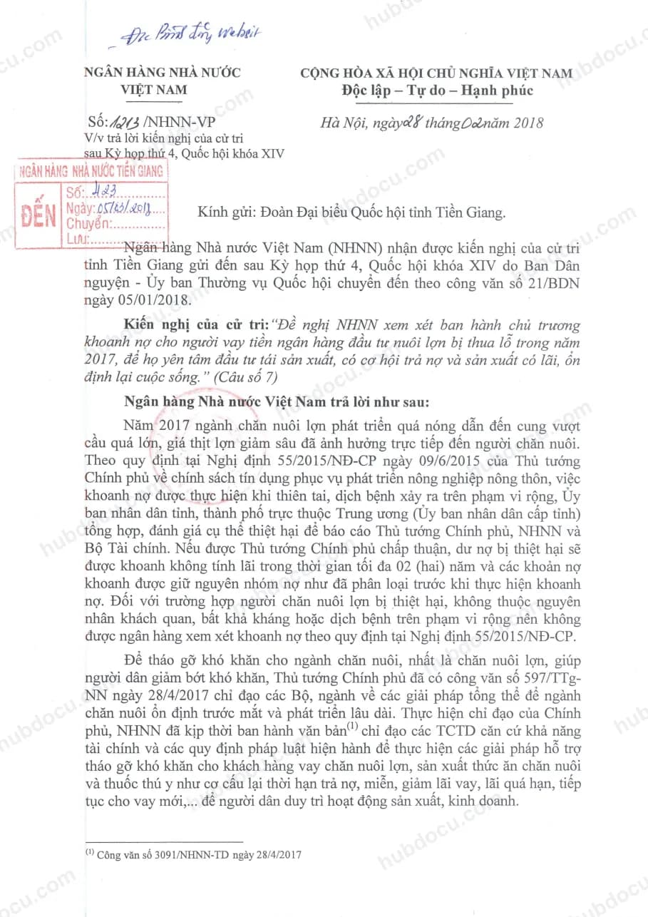 Công văn 1213 ngày 28-2-2018 Trả lời kiến nghị cử tri về khoanh nợ tại Tiền Giang