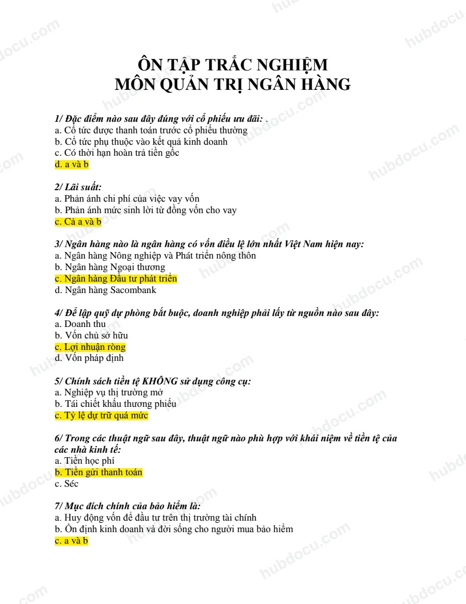 Trắc nghiệm quản trị Ngân hàng Thương mại
