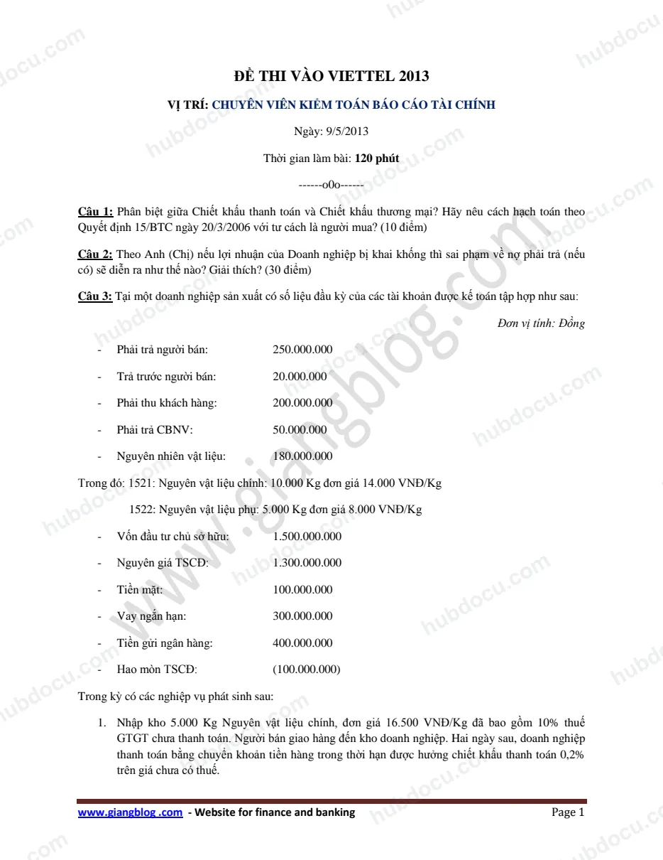 Đề thi Viettel 9-5-2013 - Nhân viên Kiểm toán BCTC