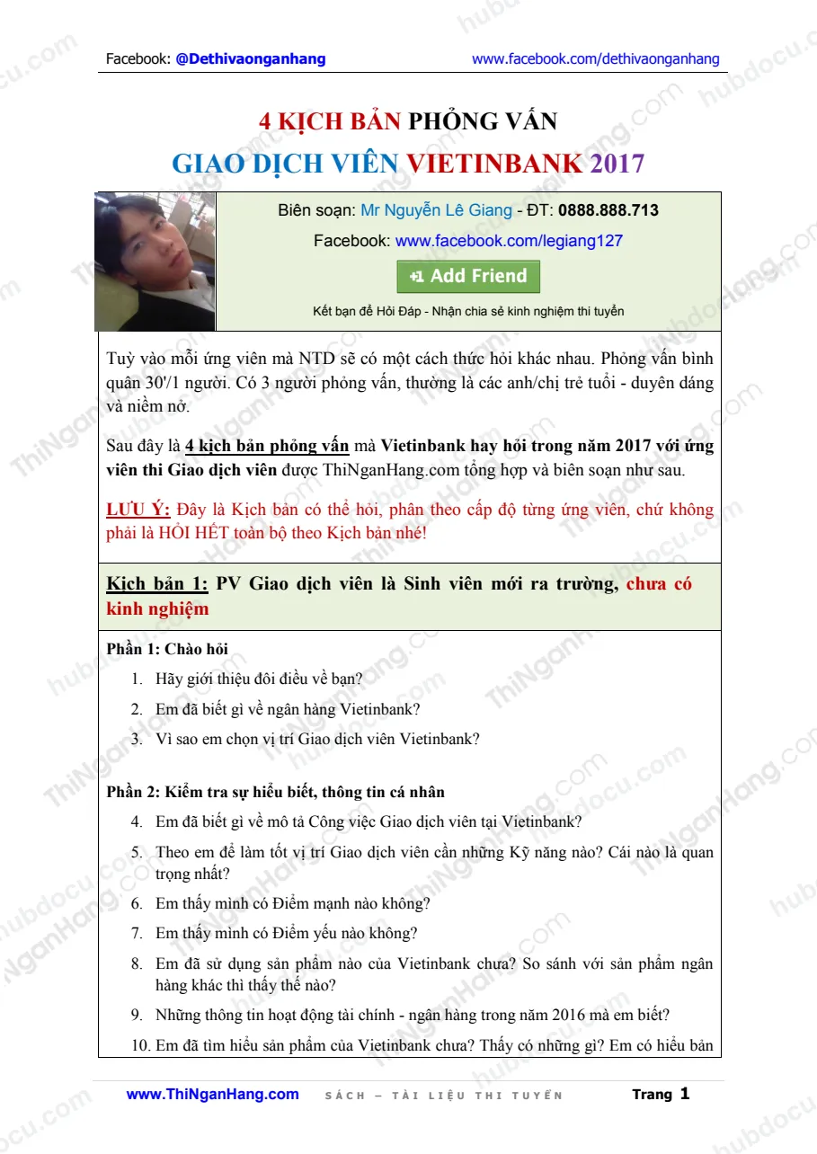 4 kịch bản phỏng vấn Giao dịch viên Vietinbank 2017