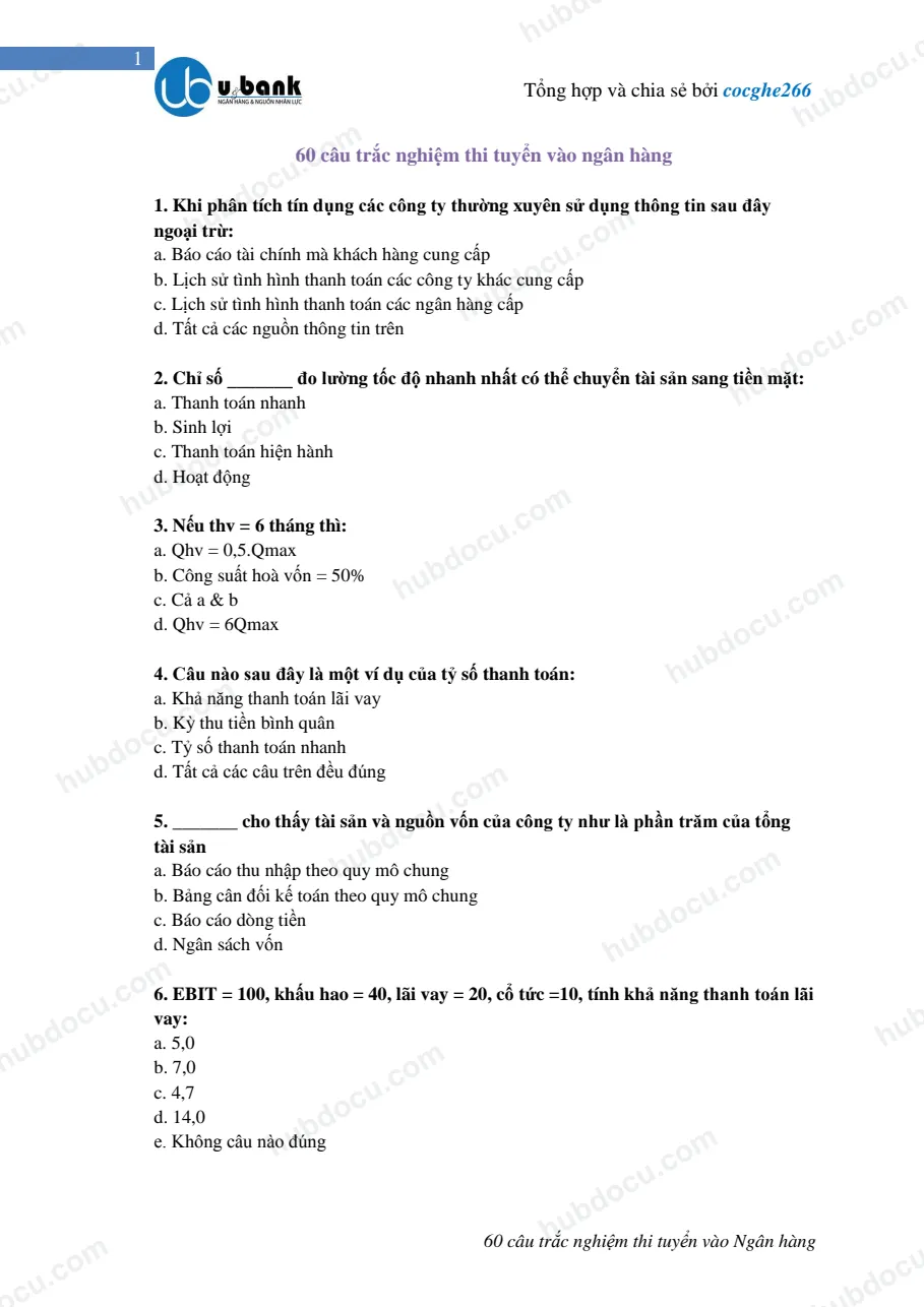 60 câu trắc nghiệm Tín dụng ngân hàng (Câu 141 - 210)