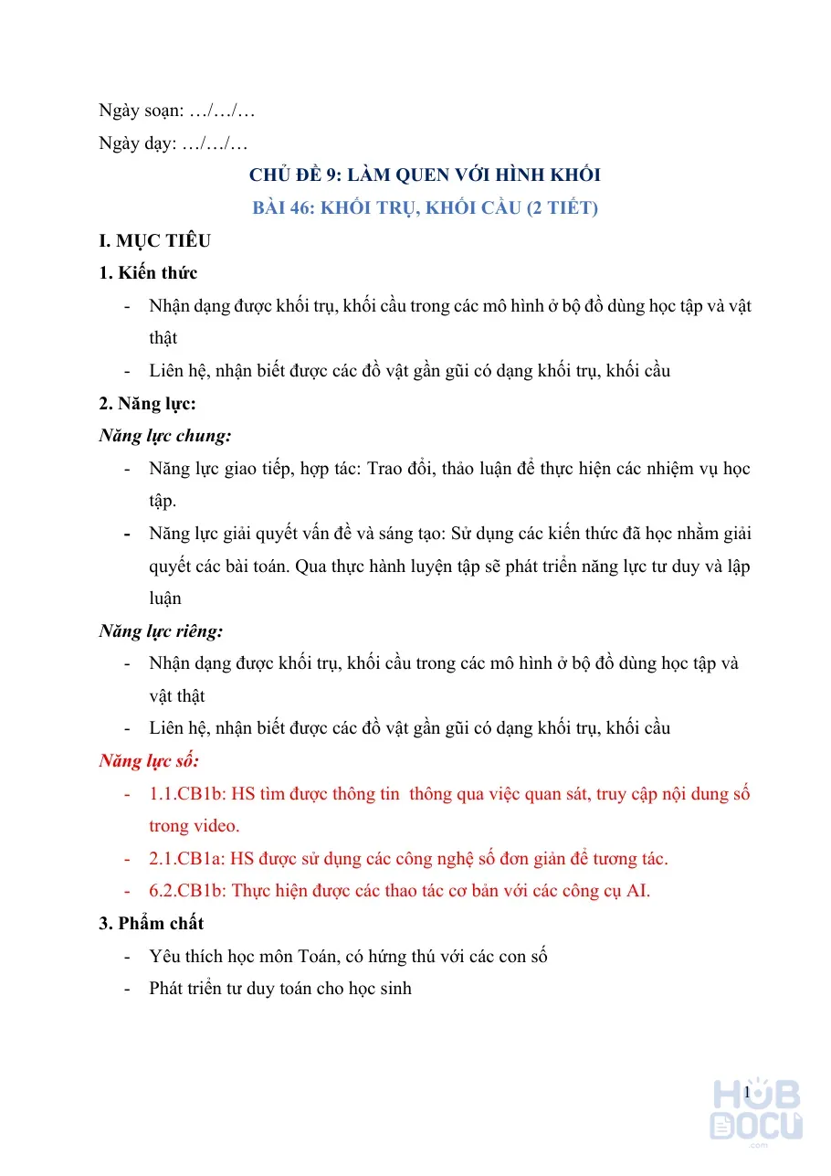 Giáo án Tích hợp năng lực số (Toán 2) - Bài 46. Khối trụ, khối cầu