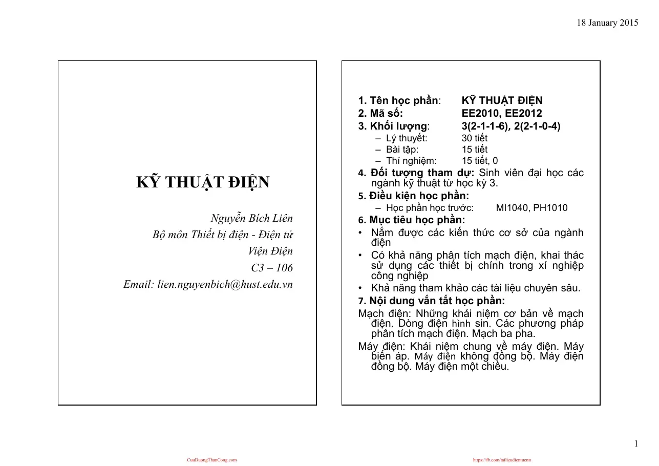 Kỹ thuật điện (Chương 1) - TS.Nguyễn Bích Liên
