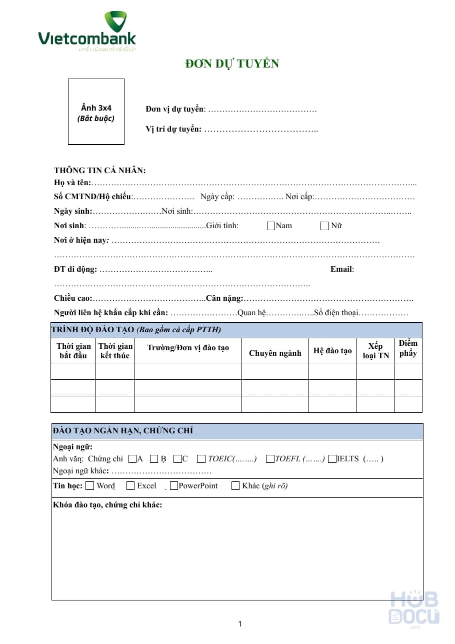 Phiếu dự tuyển Vietcombank (VCB)