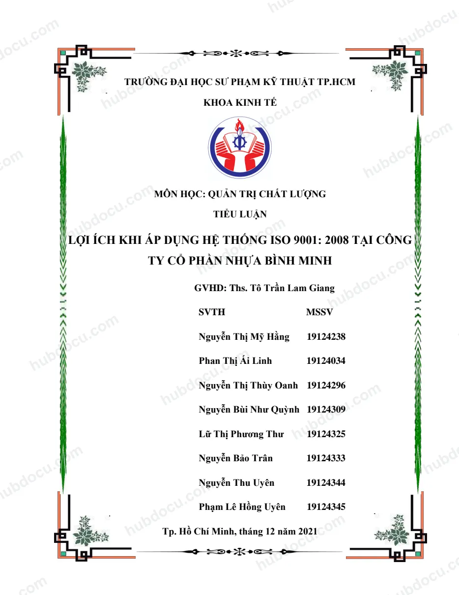 TIỂU LUẬN MÔN QUẢN TRỊ CHẤT LƯỢNG - Lợi ích khi áp dụng hế thống ISO 9001 - 2008