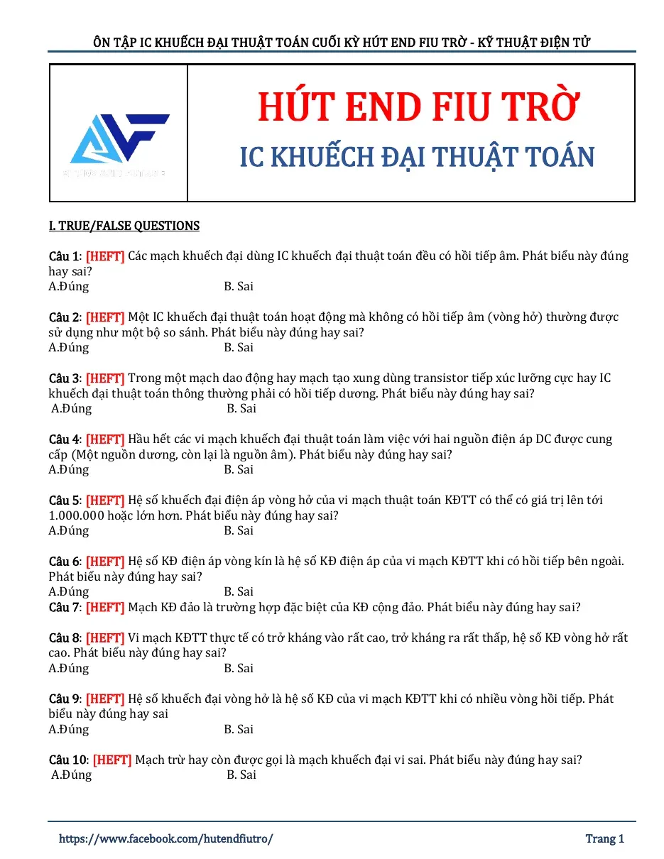 Ôn tập IC khuếch đại thuật toán - Kỹ thuật điện tử