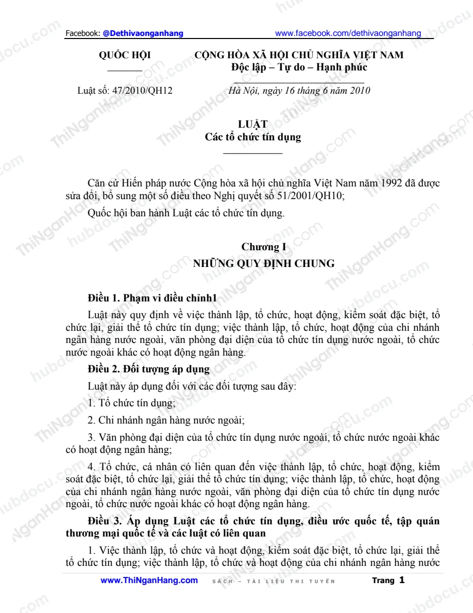 Luật các Tổ chức tín dụng (TCTD) 2010 - Luật 47.2010.QH12 ngày 16-6-2010