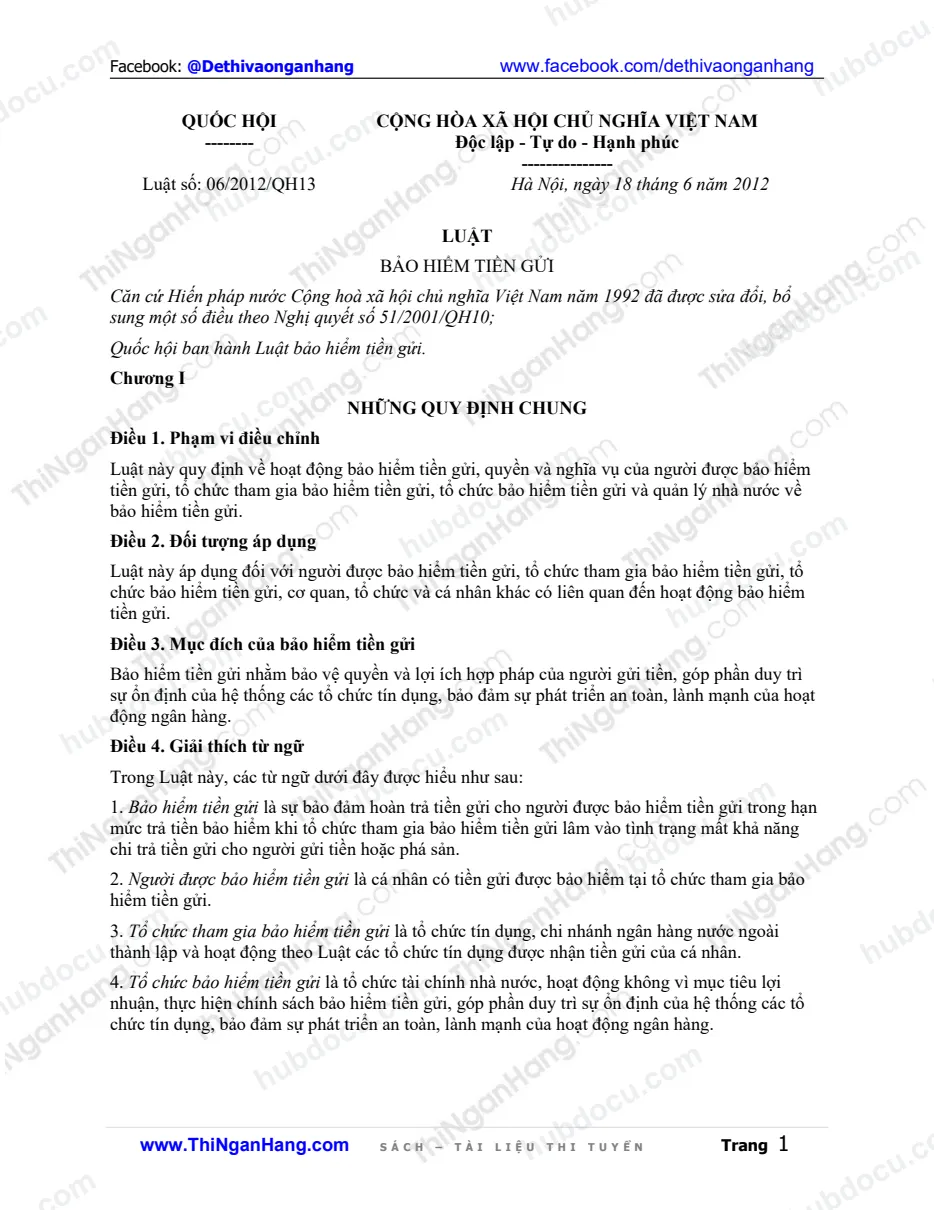 Luật số 06-2012-QH13 - Luật bảo hiểm tiền gửi 2012