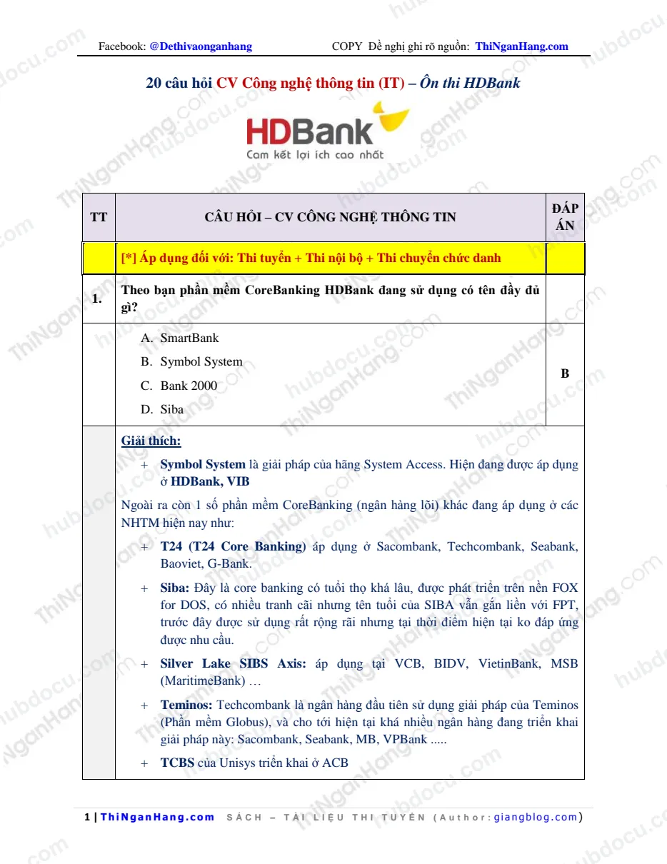 20 câu hỏi CV Công nghệ thông tin (IT) - Ôn thi HDBank