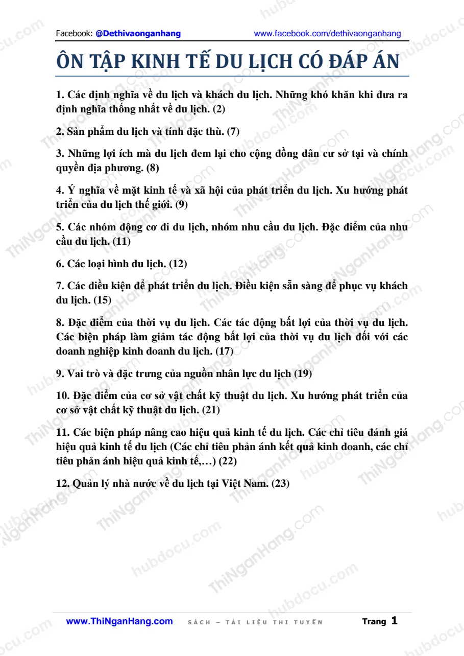 Đáp án 12 câu hỏi ôn tập - Môn Kinh tế Du lịch