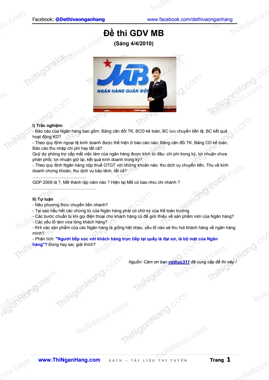 Đề thi Giao dịch viên MBBank (4-4-2010)