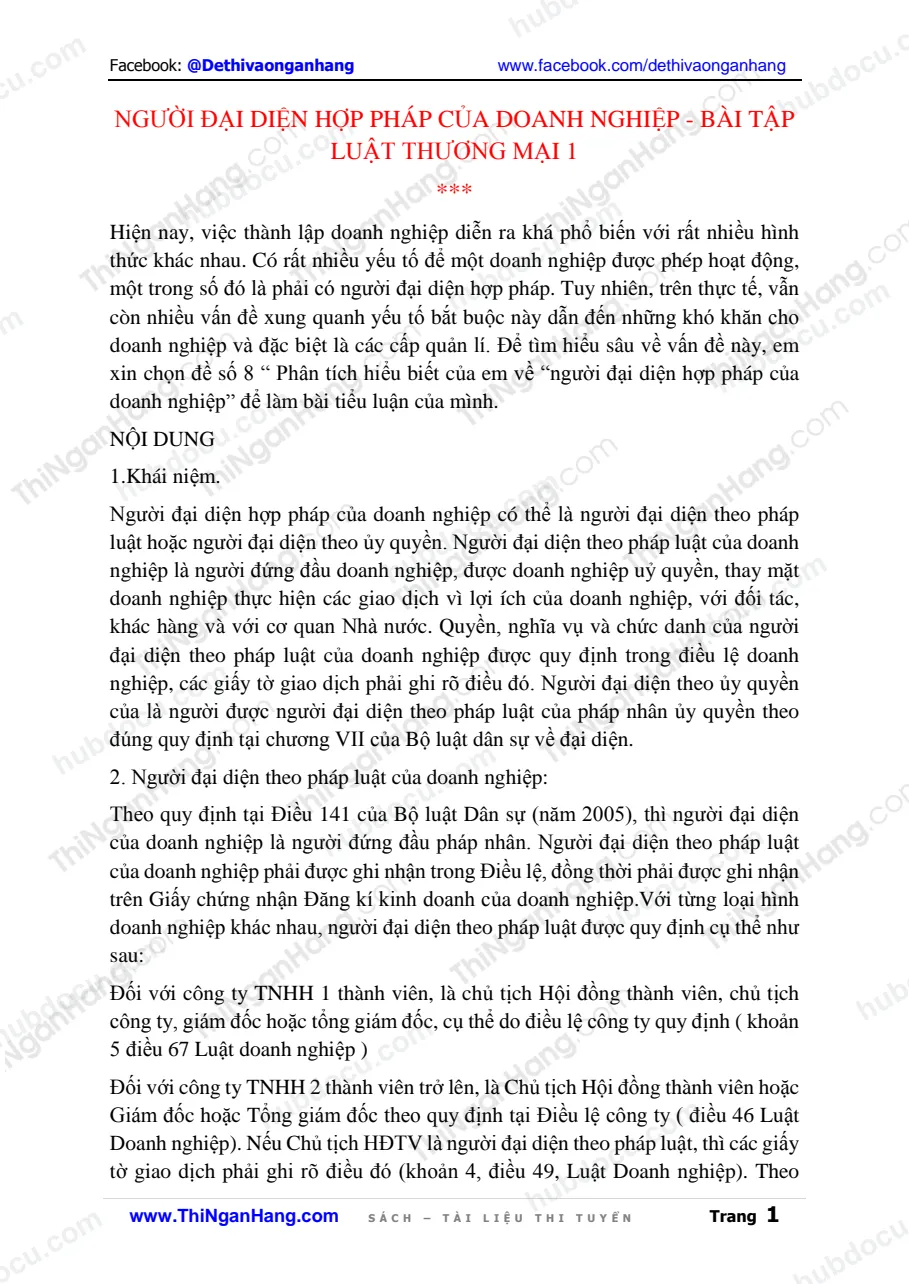Người đại diện hợp pháp của doanh nghiệp - Bài tập Luật Thương mại 1