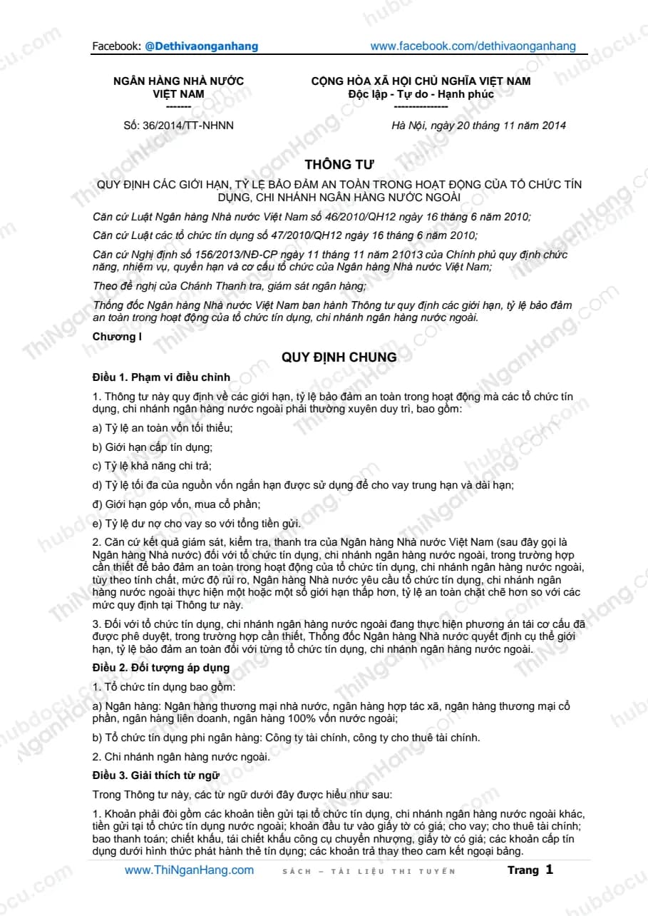 Thông tư 36-2014-TT-NHNN ngày 20-11-2014 Giới hạn tỷ lệ đảm bảo an toàn hoạt động TCTD