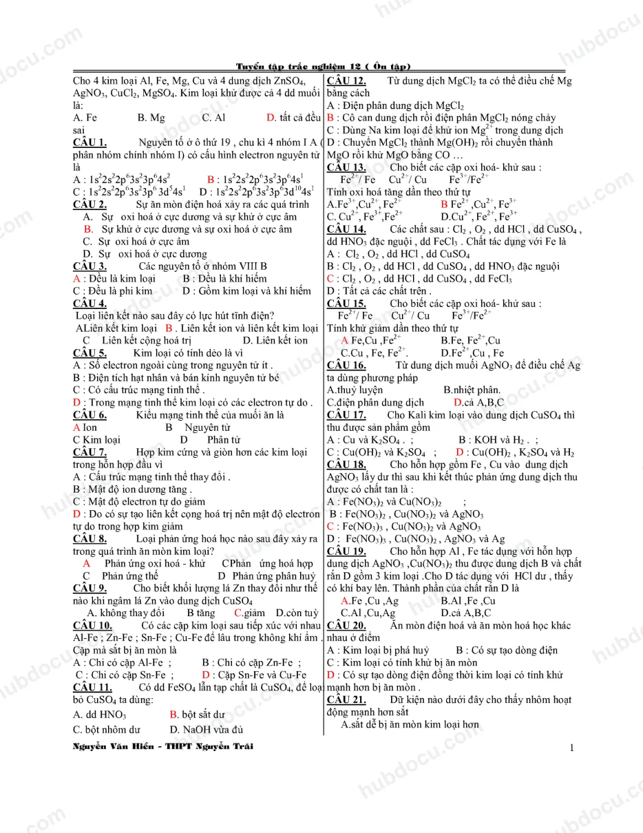 306 câu hỏi trắc nghiệm ôn Hóa học lớp 12 (có đáp án)