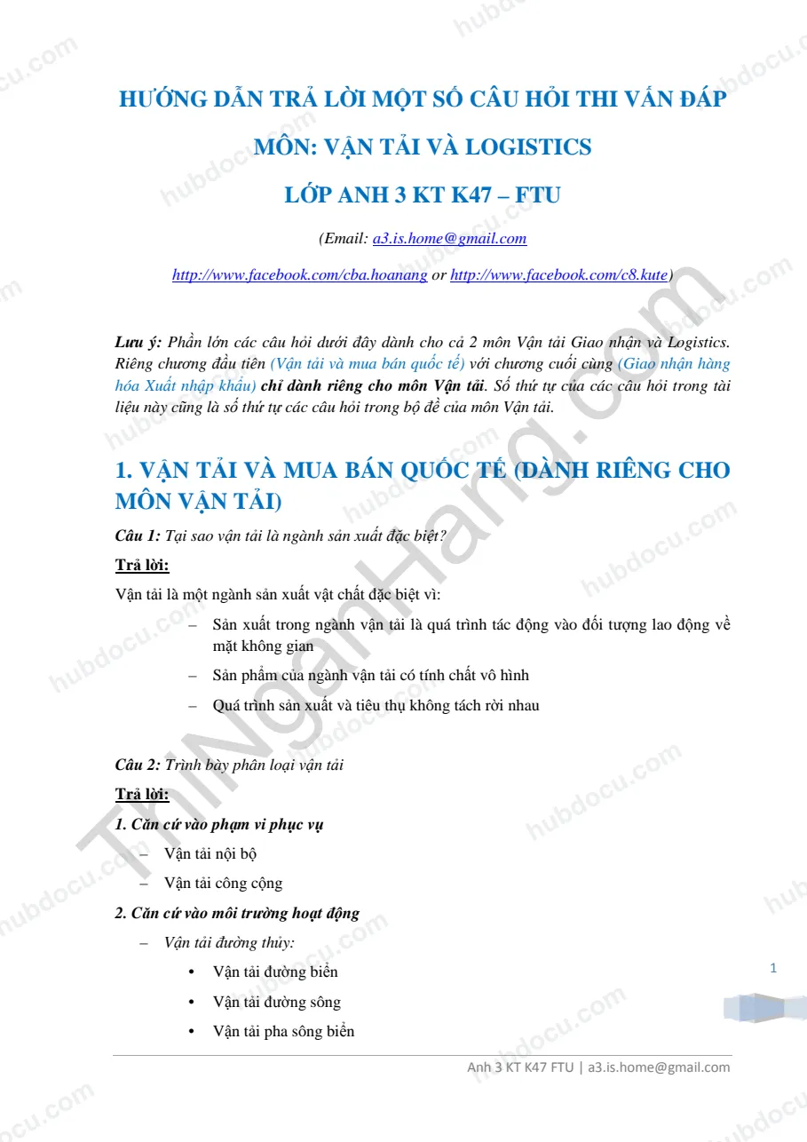 Đáp án chi tiết 97 câu hỏi Vận tải và Logistics
