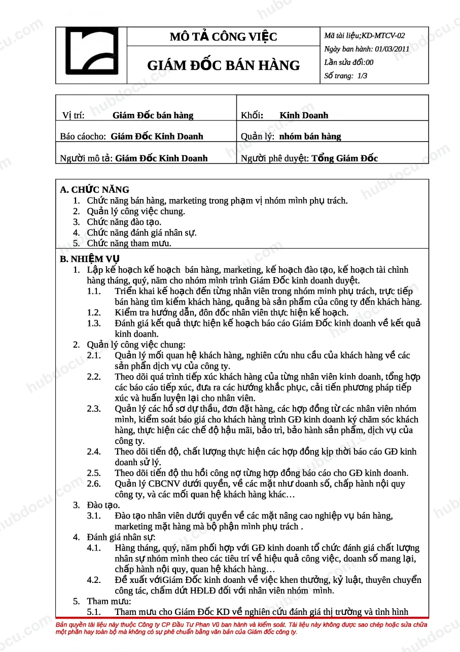 Bản mô tả công việc - Giám đốc bán hàng