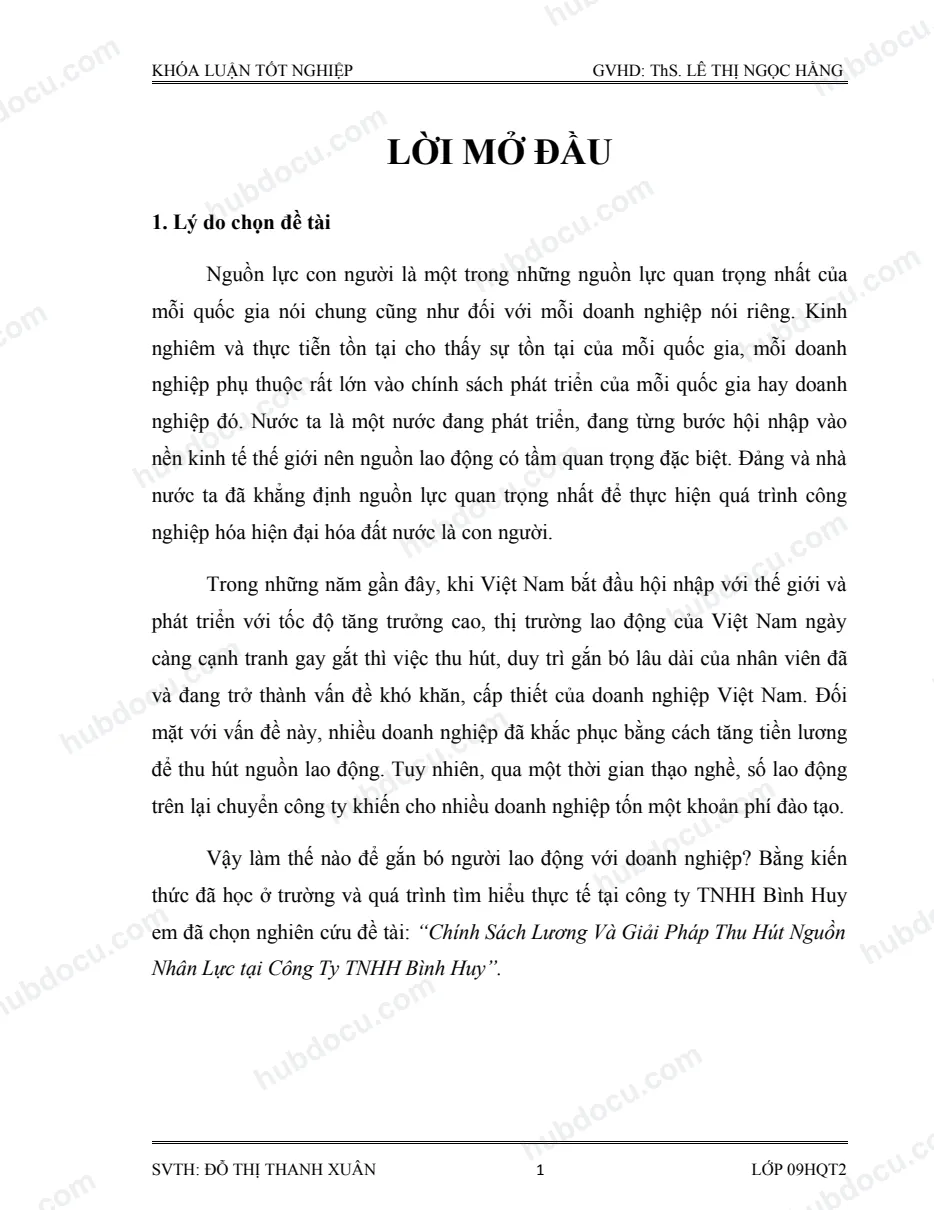 Khoá luận tốt nghiệp_ Chính Sách Lương Và Giải Pháp Thu Hút Nguồn Nhân Lực tại Công Ty TNHH Bình Huy