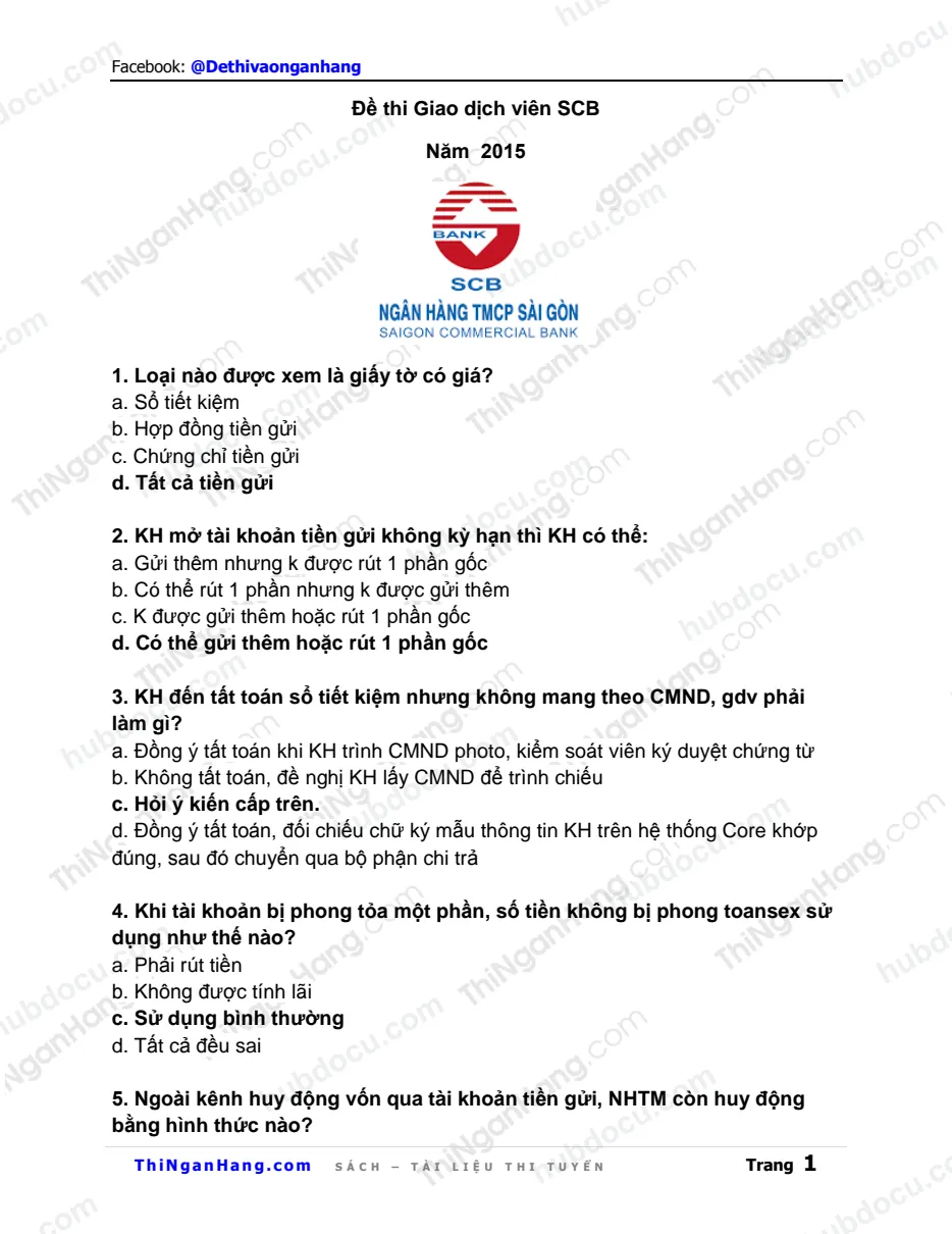 Đề thi Giao dịch viên SCB năm 2015
