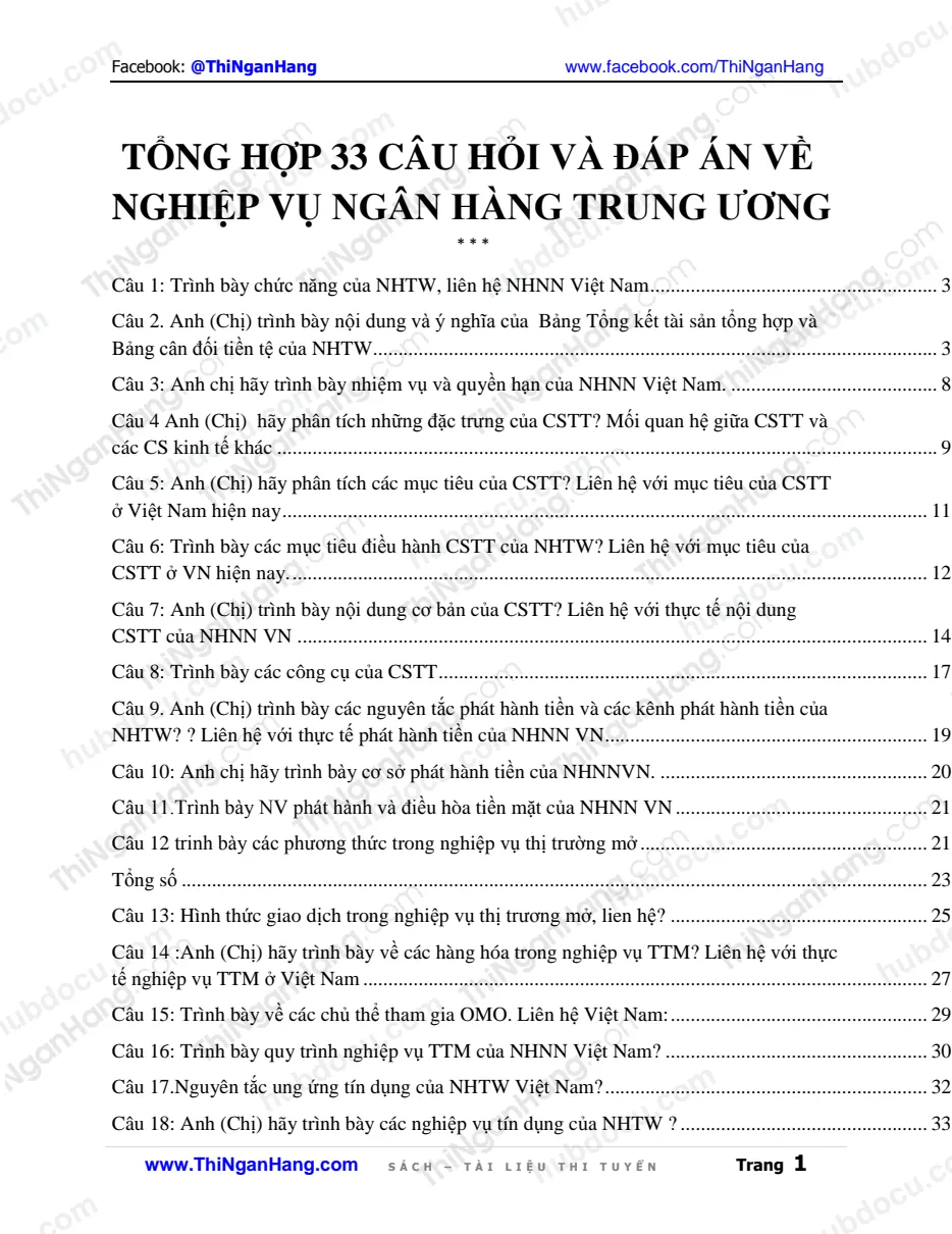 33 câu hỏi lý thuyết và đáp án về nghiệp vụ Ngân hàng trung ương