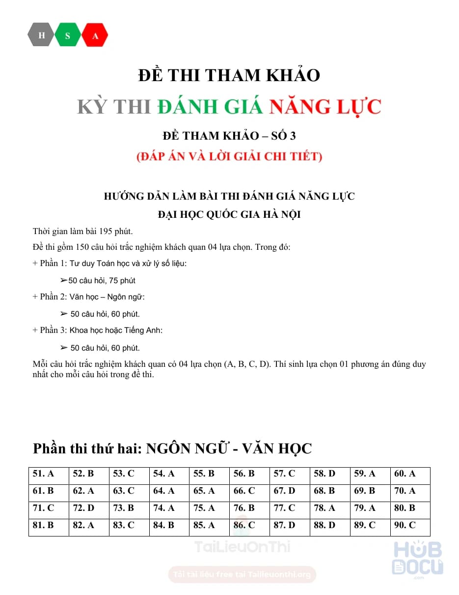 (HSA) đề 3 - Ngôn ngữ - Văn học