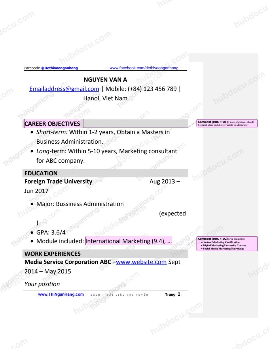 Mẫu CV tiếng Anh: ngành Marketing