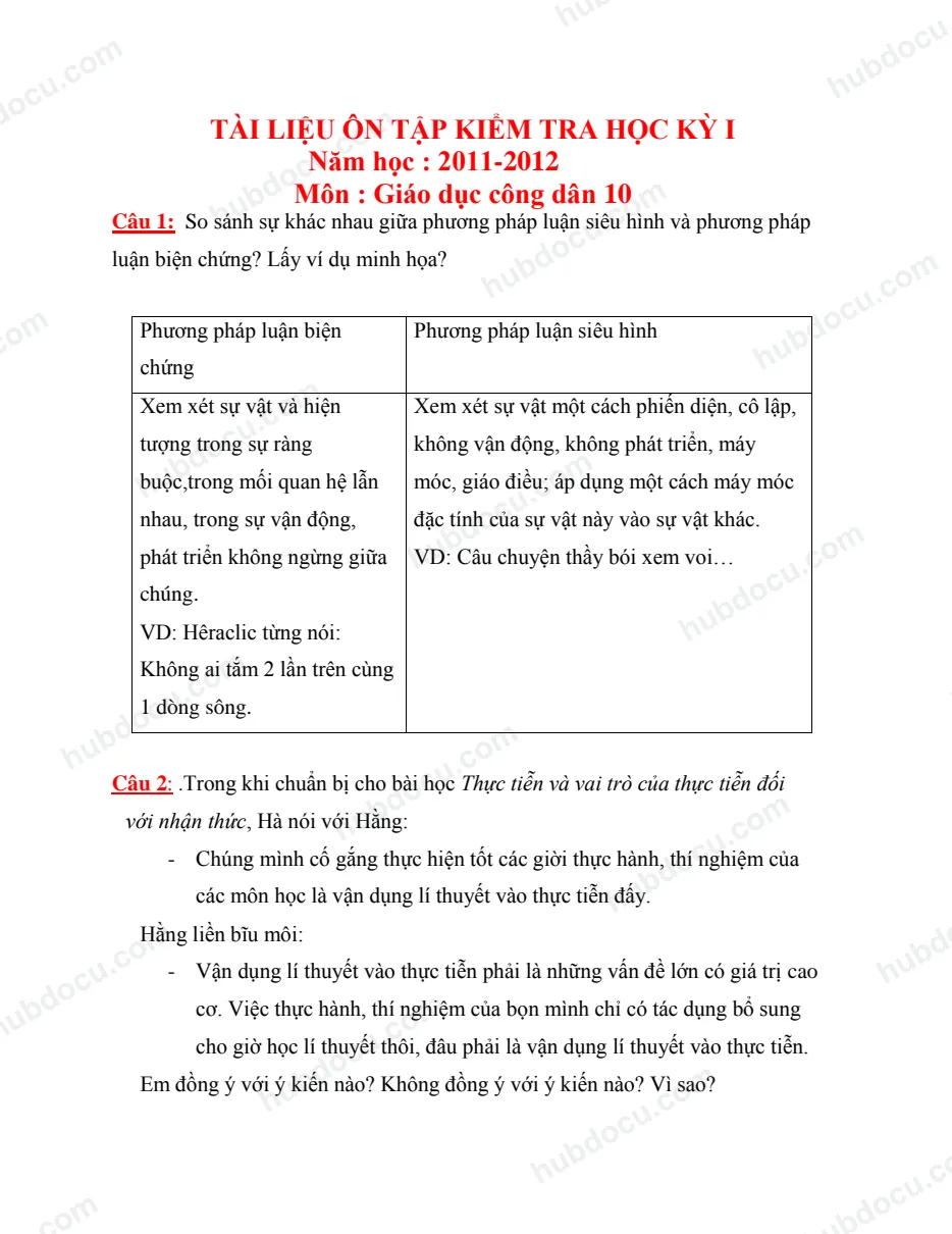 Tài liệu kiểm tra học kỳ 1 - Giáo dục công dân 10