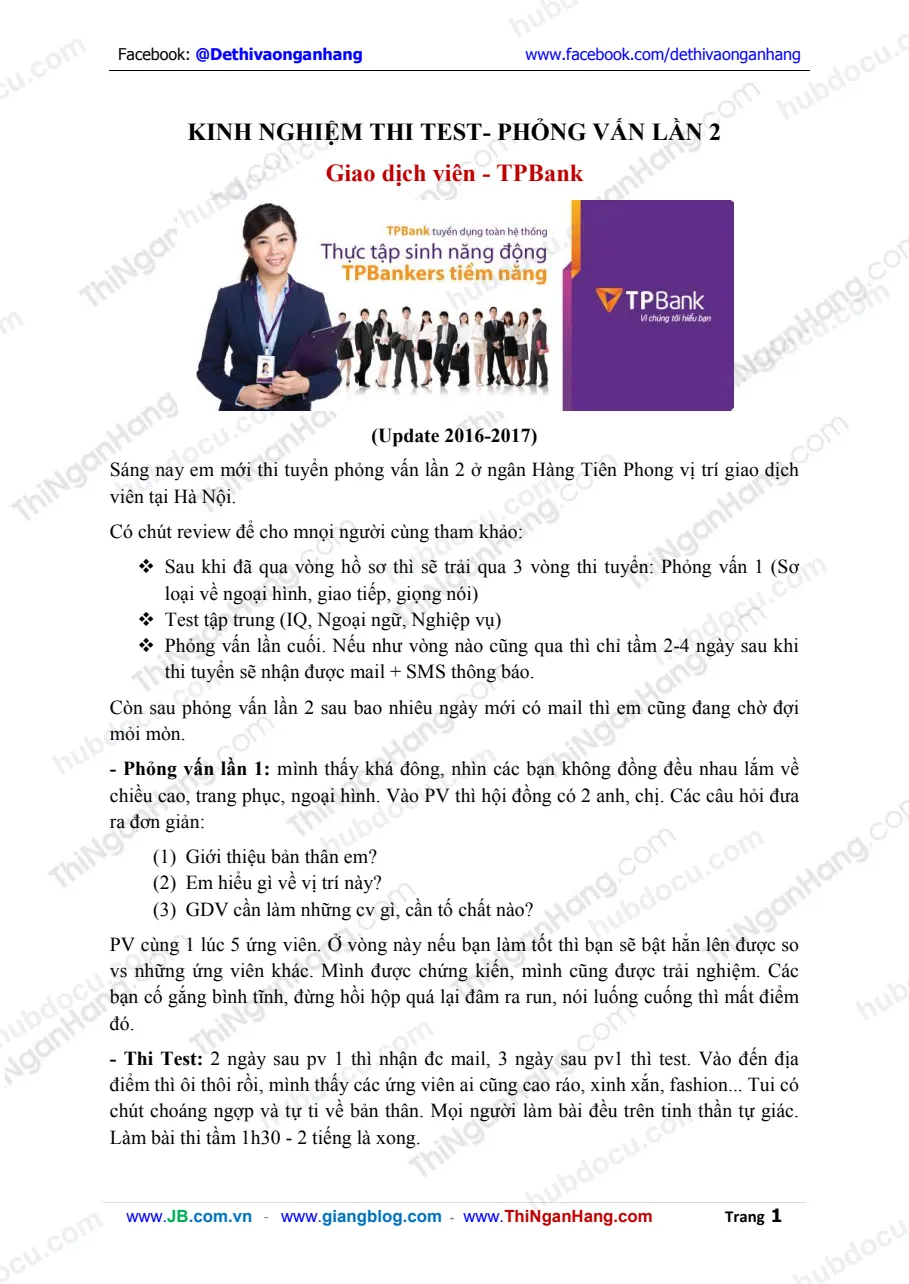 Kinh nghiệm thi Test và PV lần 2 Giao dịch viên (GDV) TPBank