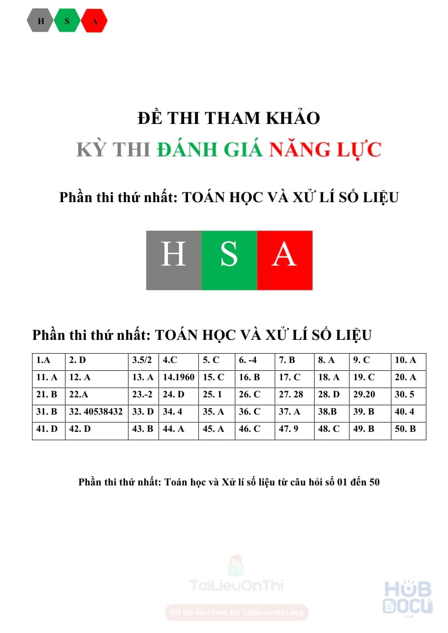 (HSA) Đề 3 - Toán học và xử lí số liệu