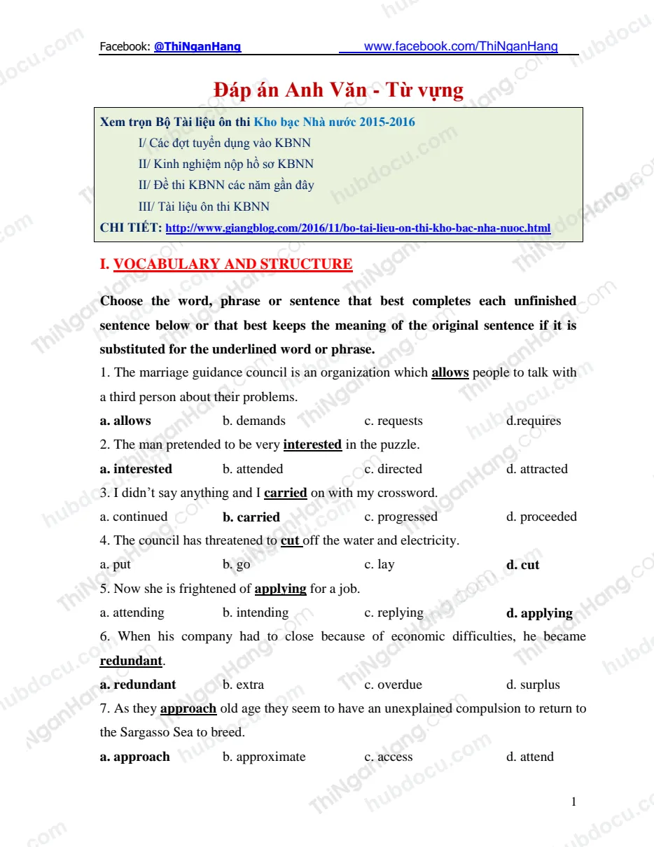 Đáp án Anh văn - Từ vựng (Vocabulary) - Ôn thi Công chức