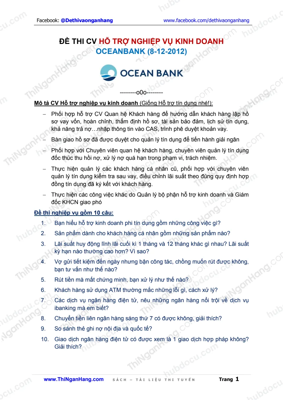 Đề thi nghiệp vụ Hỗ trợ kinh doanh Oceanbank (8-12-2012)