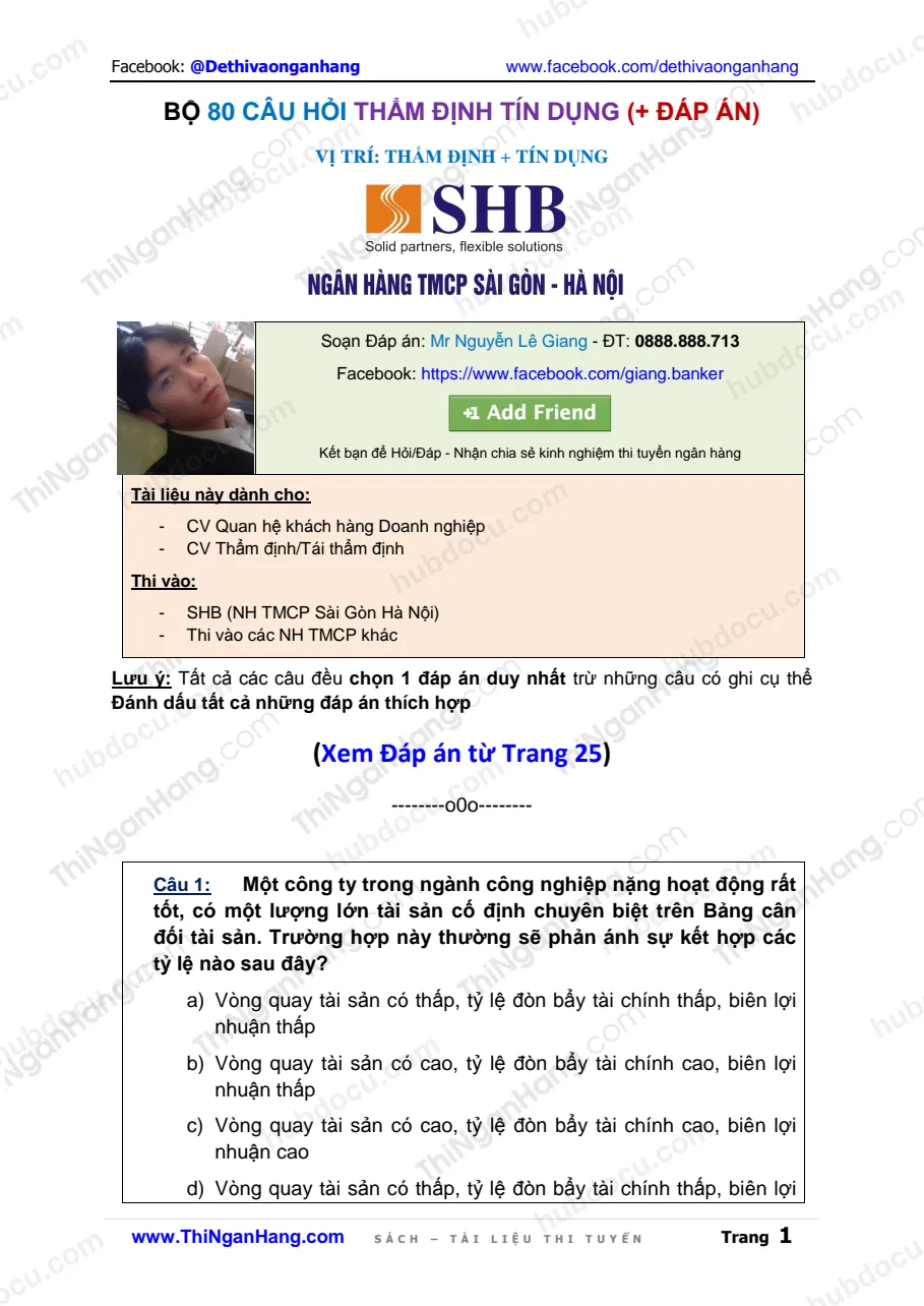 Bộ 80 câu Thẩm định Tín dụng SHB (kèm Đáp án)