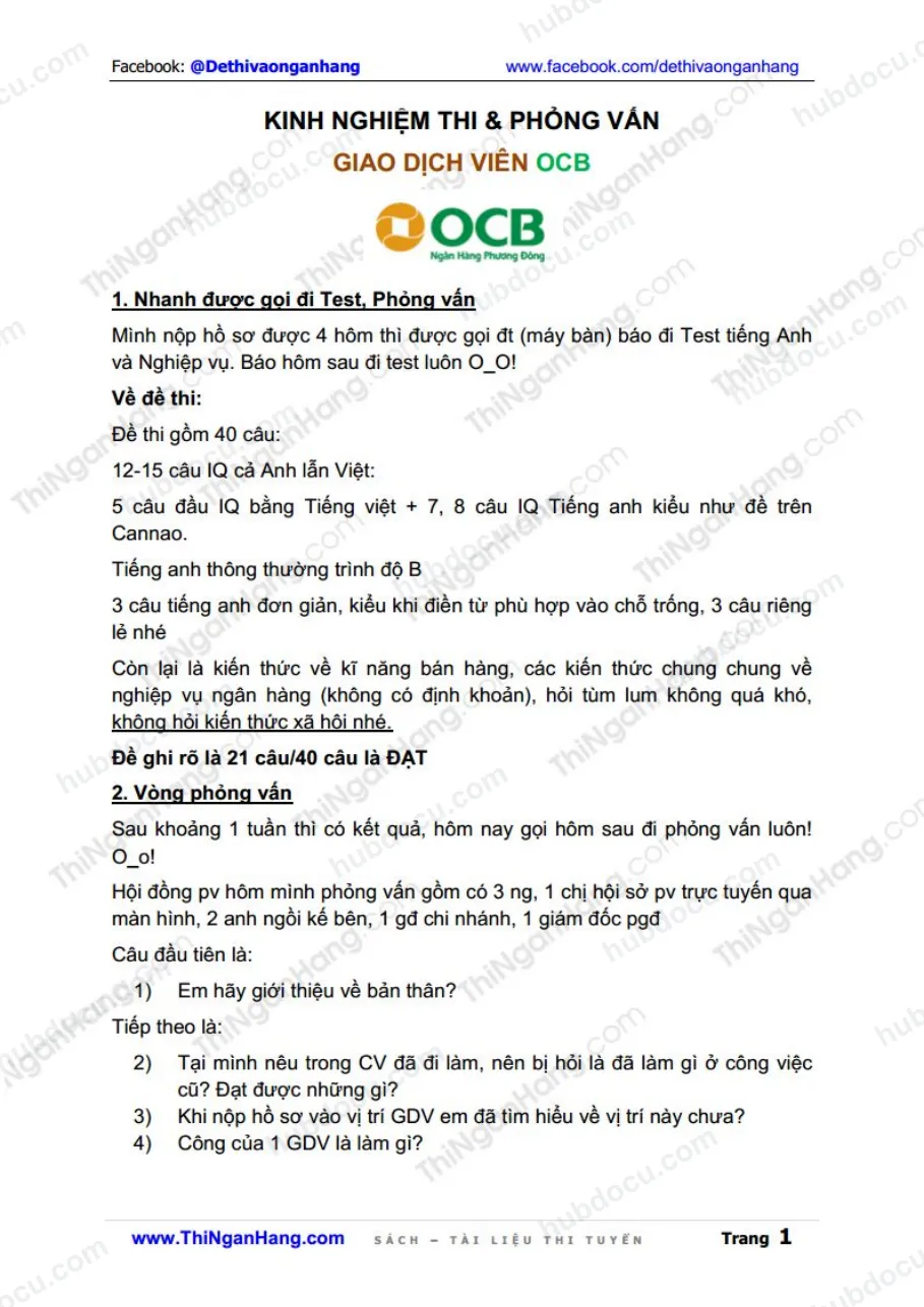 Kinh nghiệm phỏng vấn Giao dịch viên OCB (NH Phương Đông)