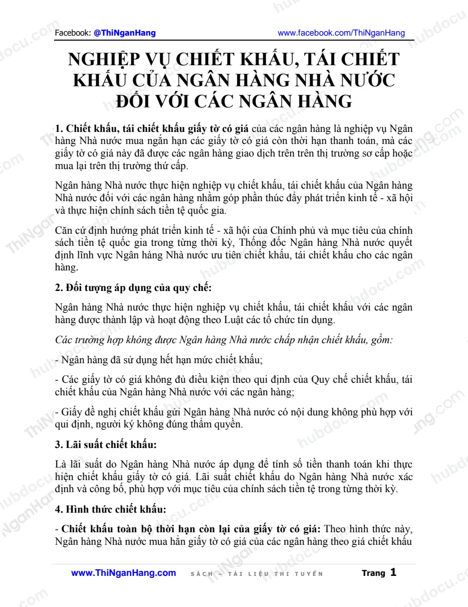 Nghiệp vụ về chiết khấu, tái chiết khấu của NHNN đối với các ngân hàng