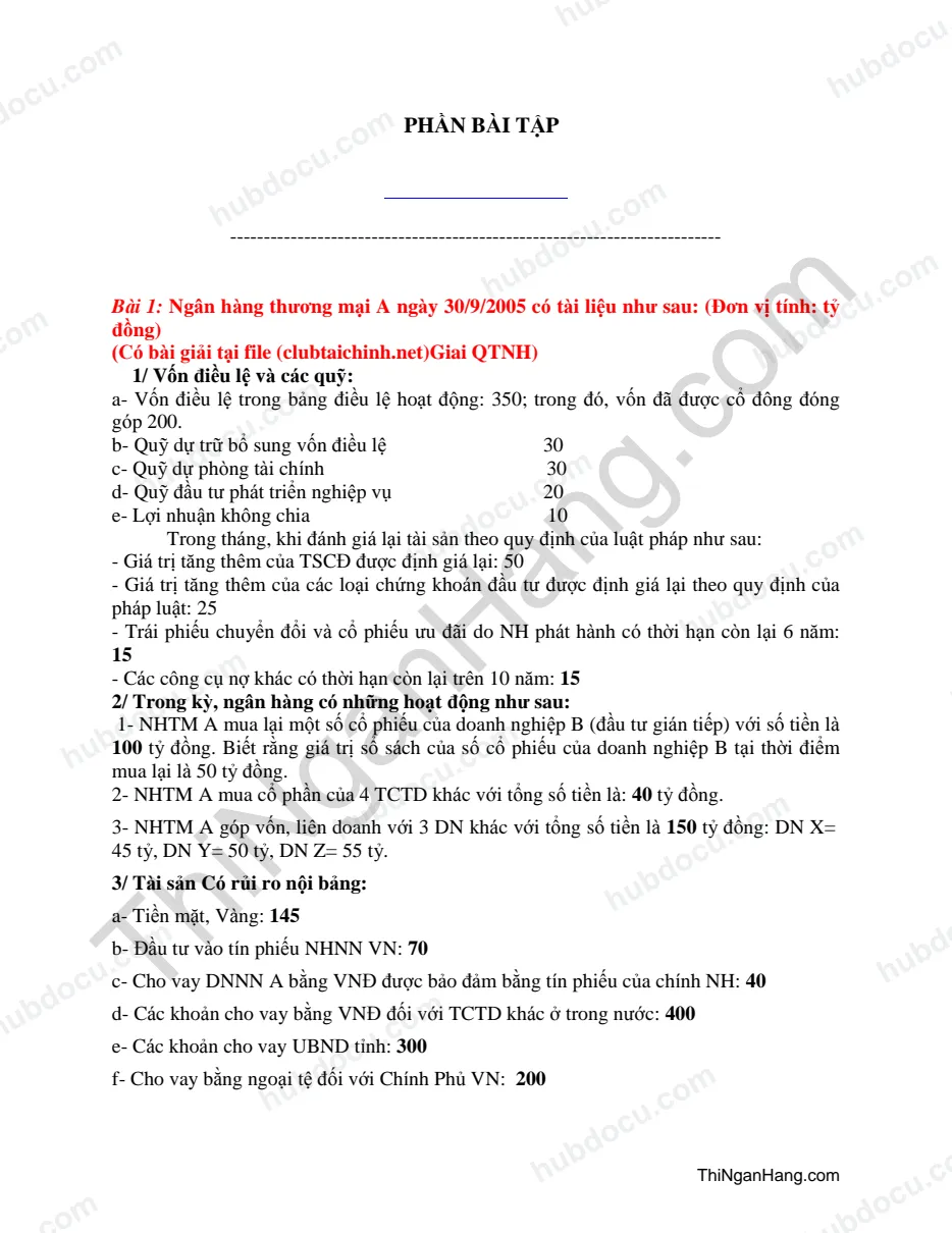 13 Bài tập môn quản trị ngân hàng thương mại (kèm Đáp án)