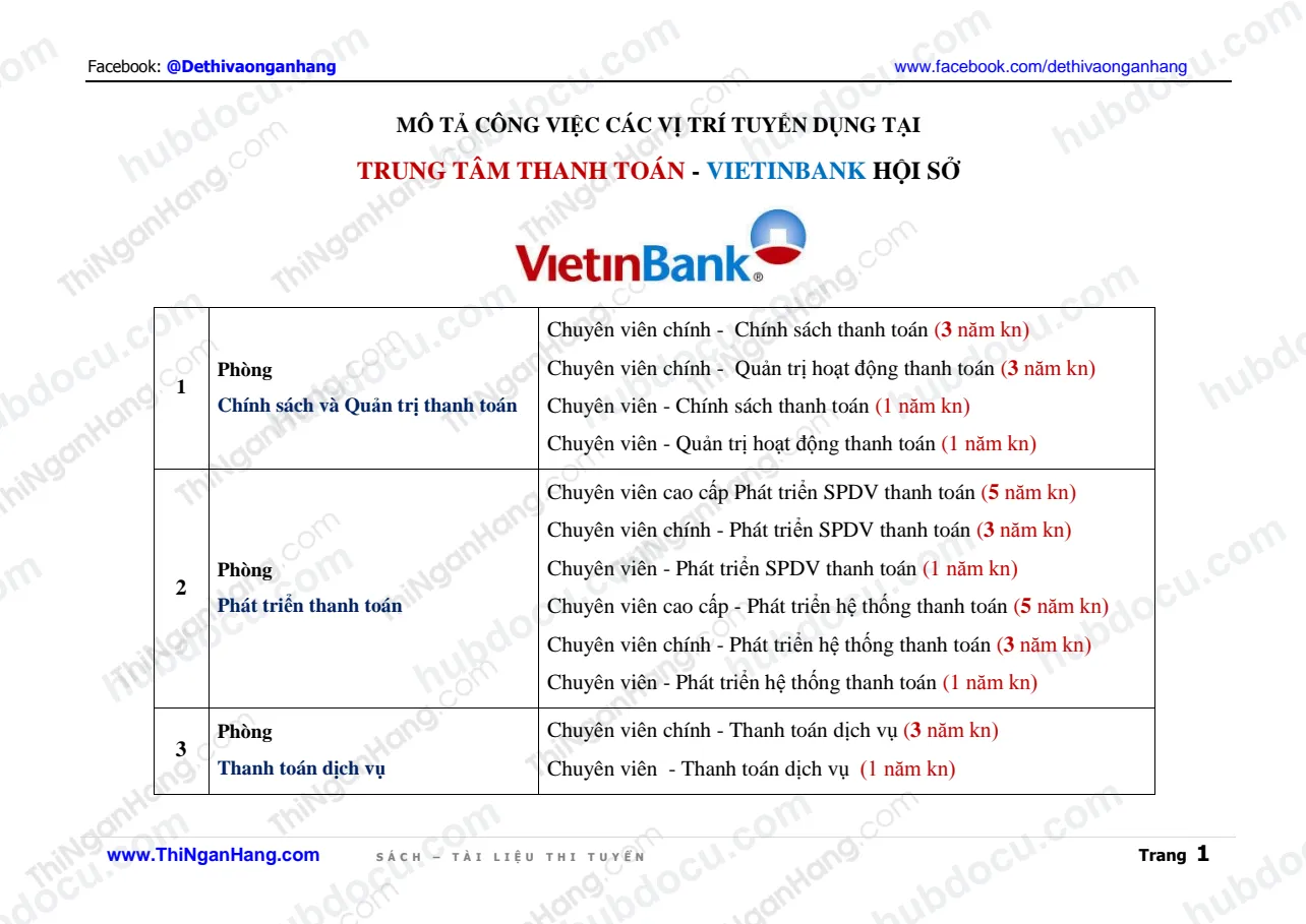 Mô tả công việc các vị trí tại Trung tâm thanh toán Vietinbank Hội sở