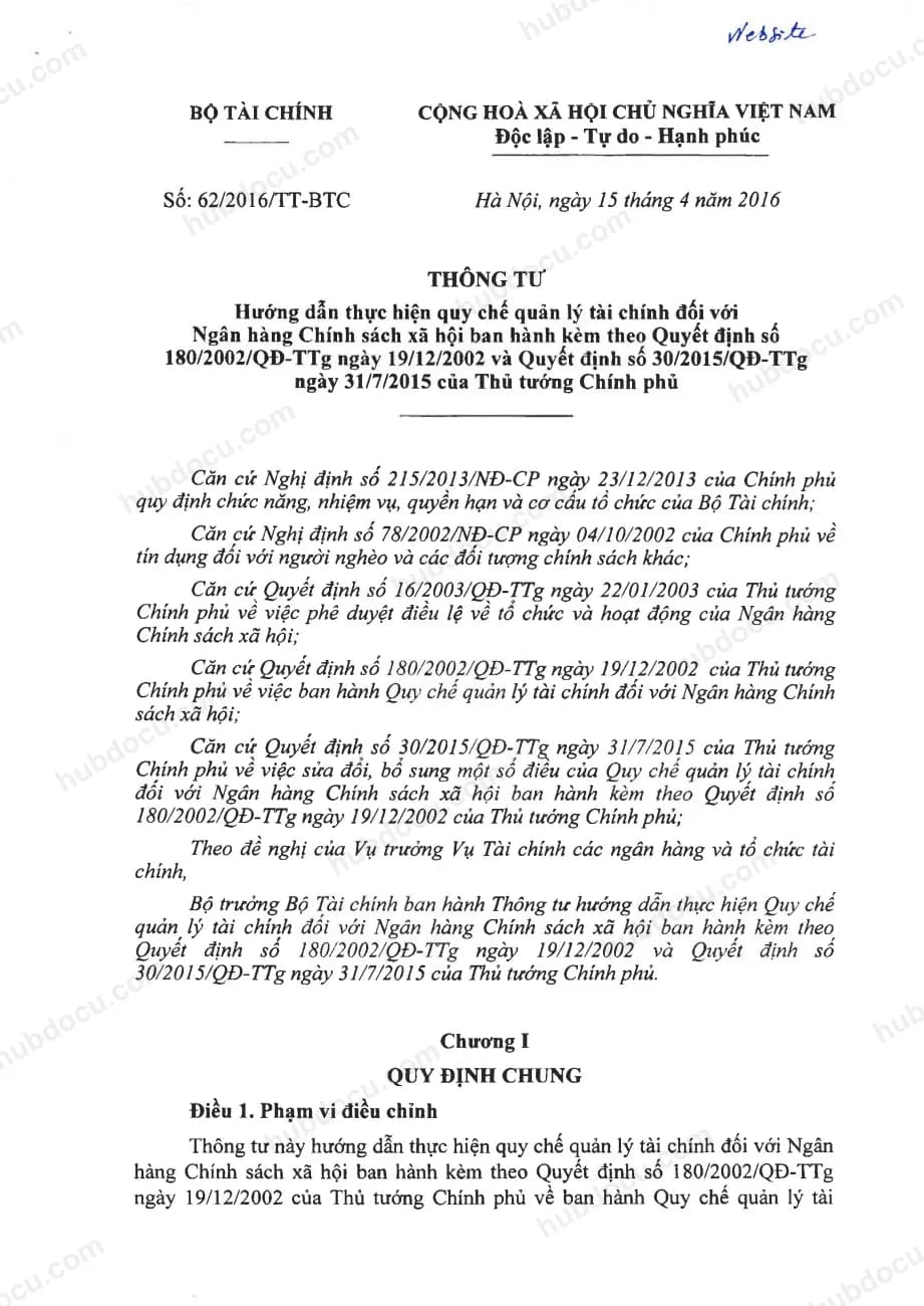 Quy chế quản lý tài chính NH Chính sách xã hội (VBSP) - TT 62.2016 ngày 15-4-2016