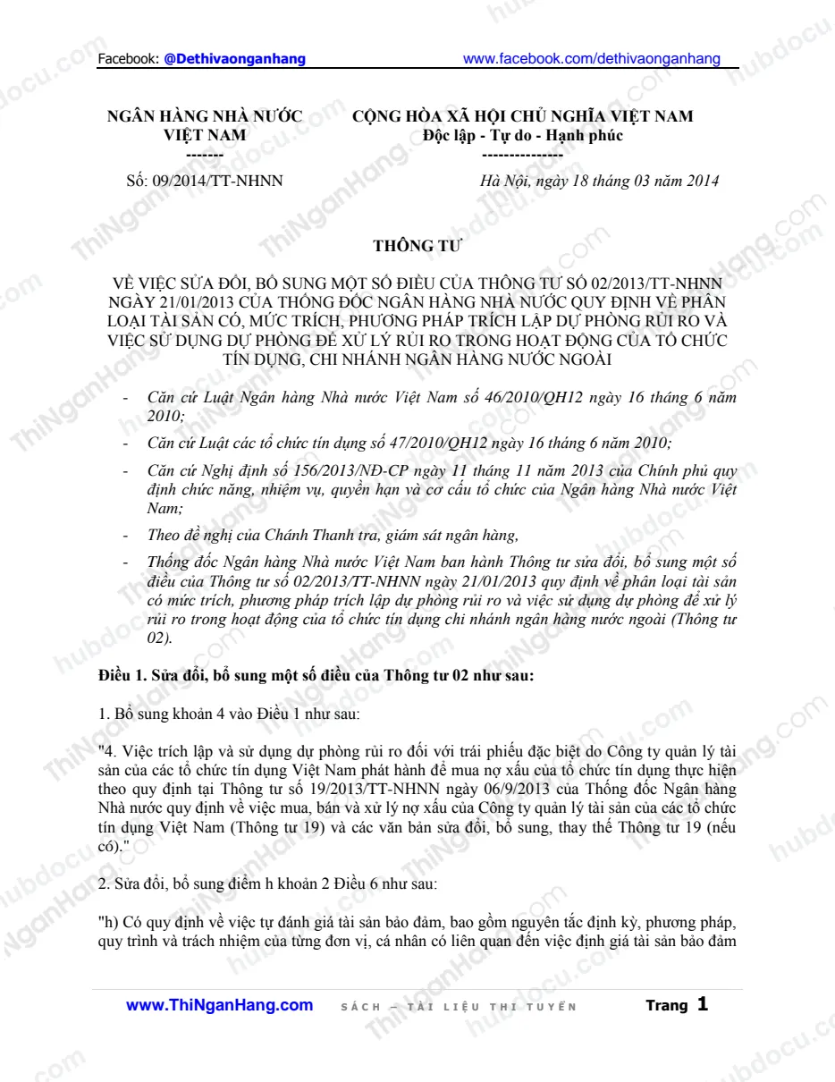 Thông tư 09-2014-TT-NHNN ngày 18-3-2014 sửa đổi bổ sung Thông tư 02-2013