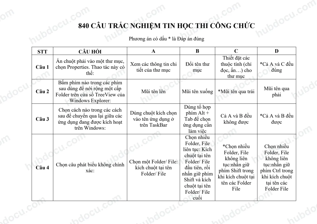 840 câu trắc nghiệm Tin học thi công chức viên chức