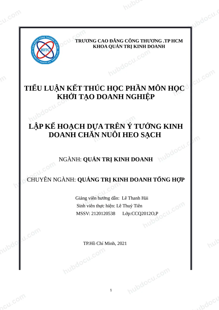 tiêu luận lập kế hoạch dựa trên ý tưởng kinh doanh chăn nuôi heo sạch