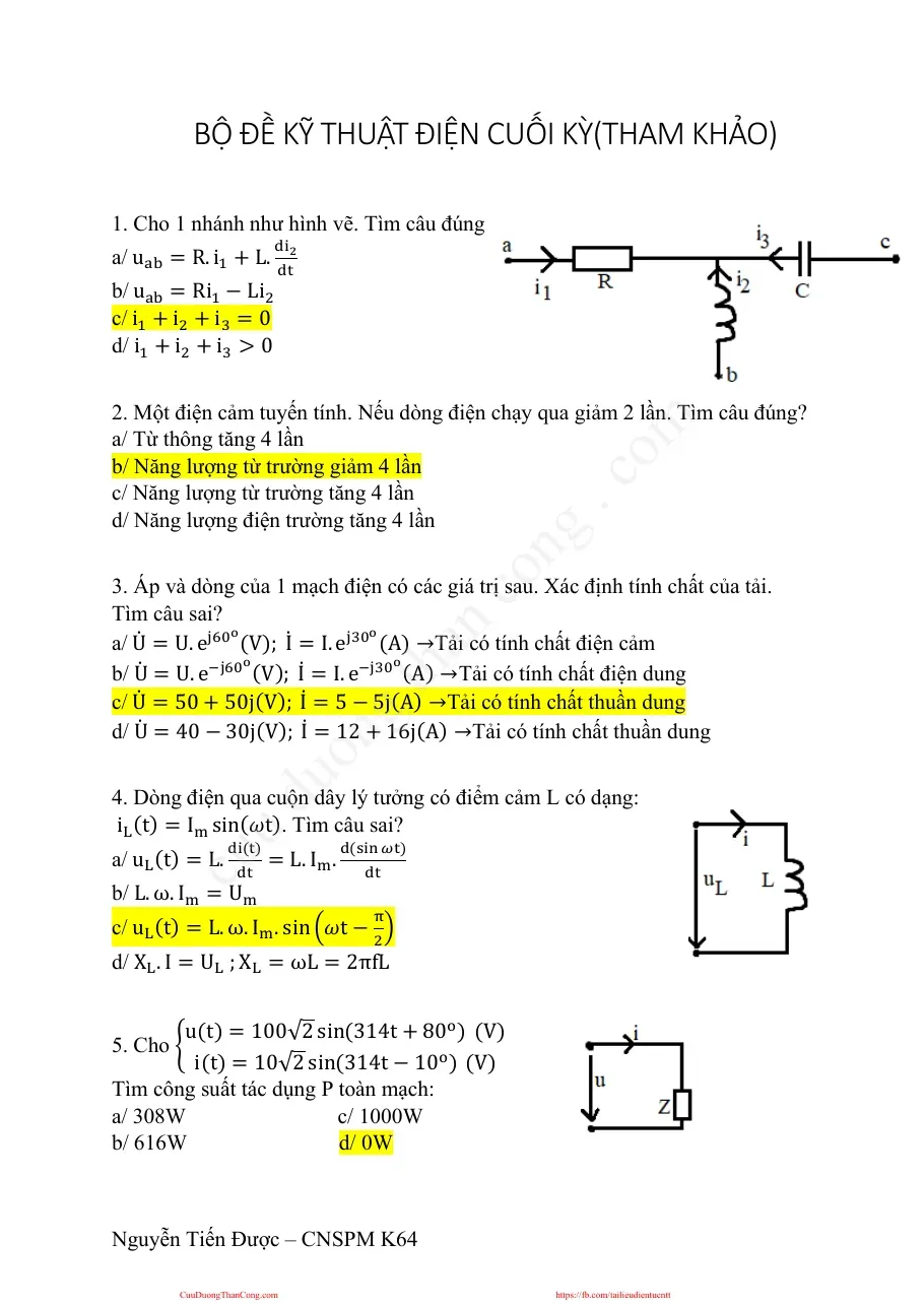 139 câu Kỹ thuật điện (Kèm đáp án) - TS.Nguyễn Bích Liên