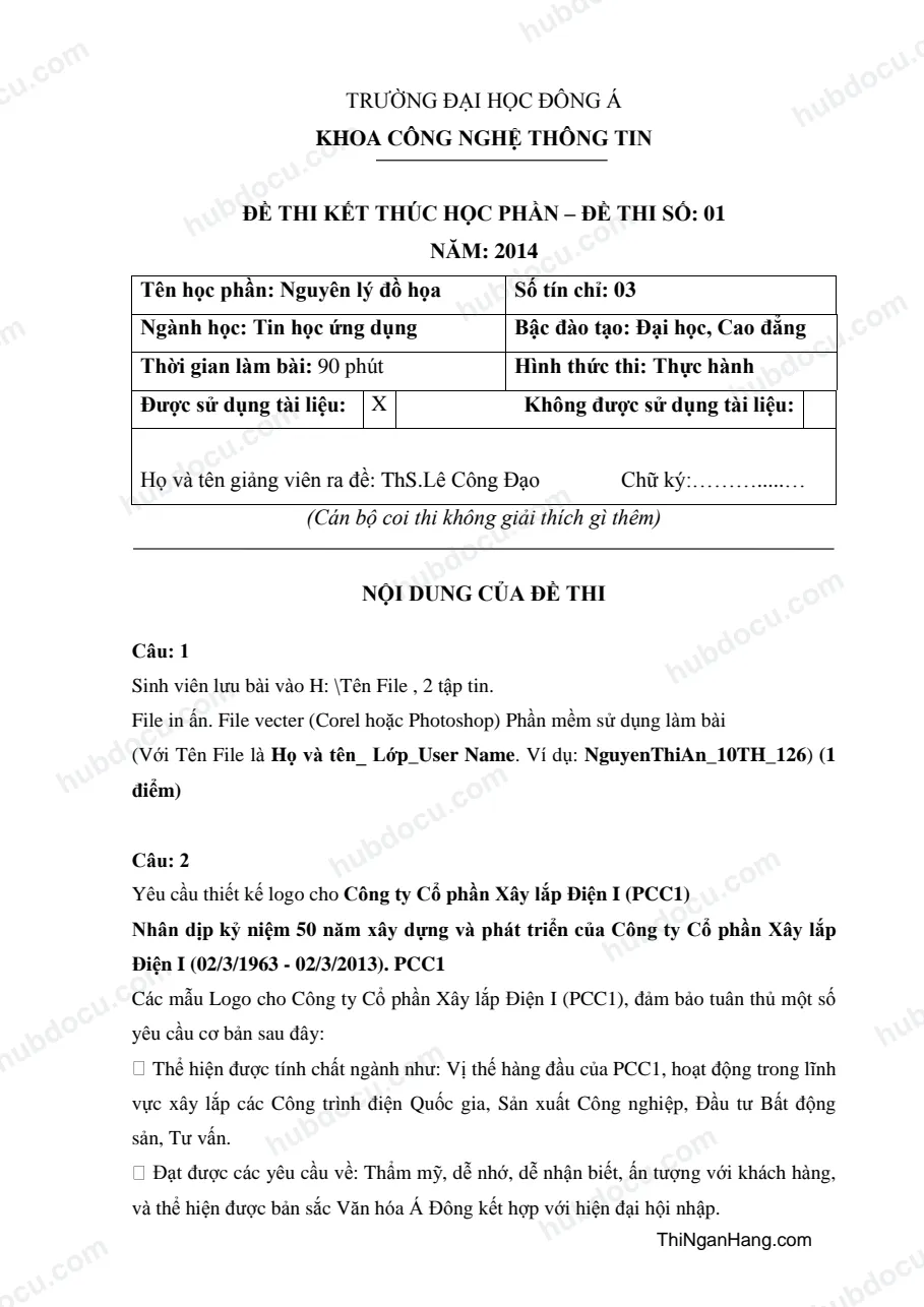 Đề thi môn Nguyên lý đồ hoạ - ĐH Đông Á