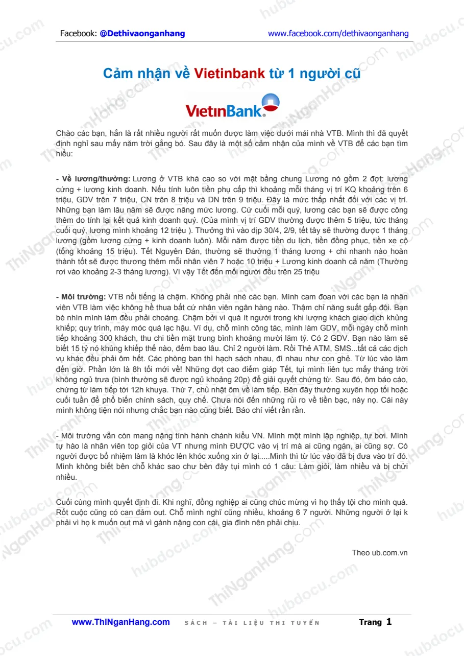 Cảm nhận về Vietinbank (NH Công thương) từ 1 người cũ