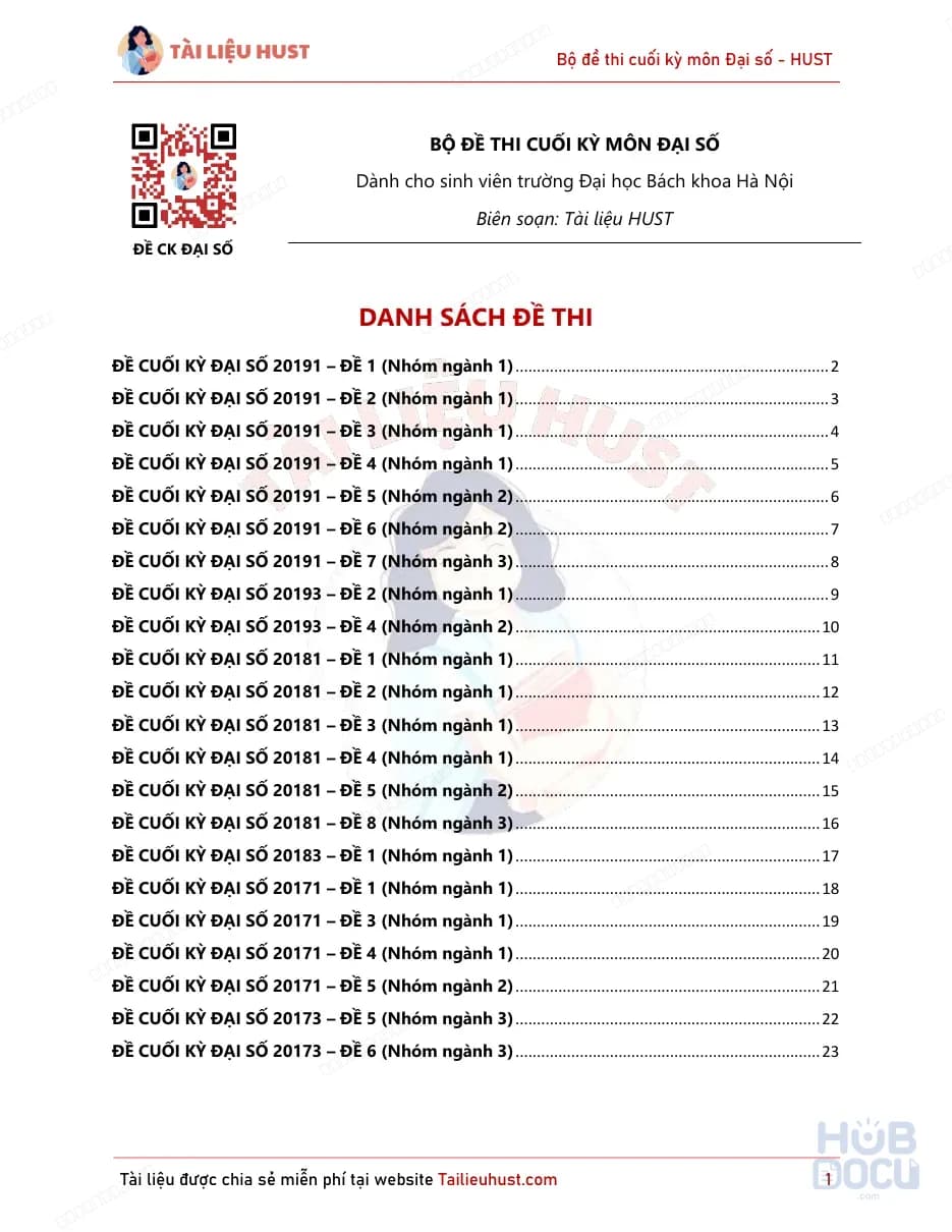 Bộ đề ôn Đại số - Thi cuối kỳ HUST