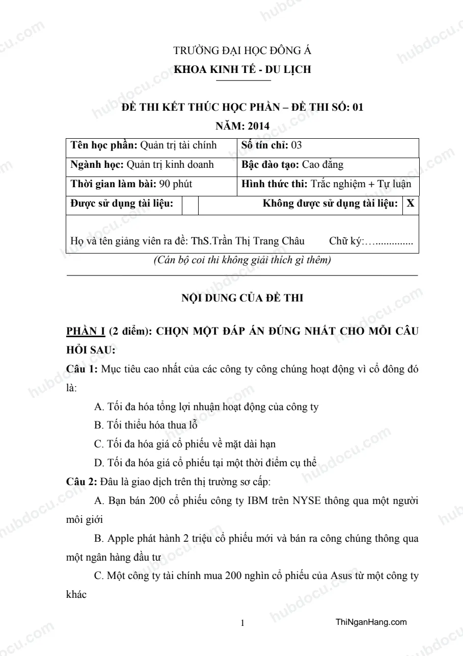 Đề thi Quản trị tài chính - Khoa Kinh tế Du lịch (ĐH Đông Á)