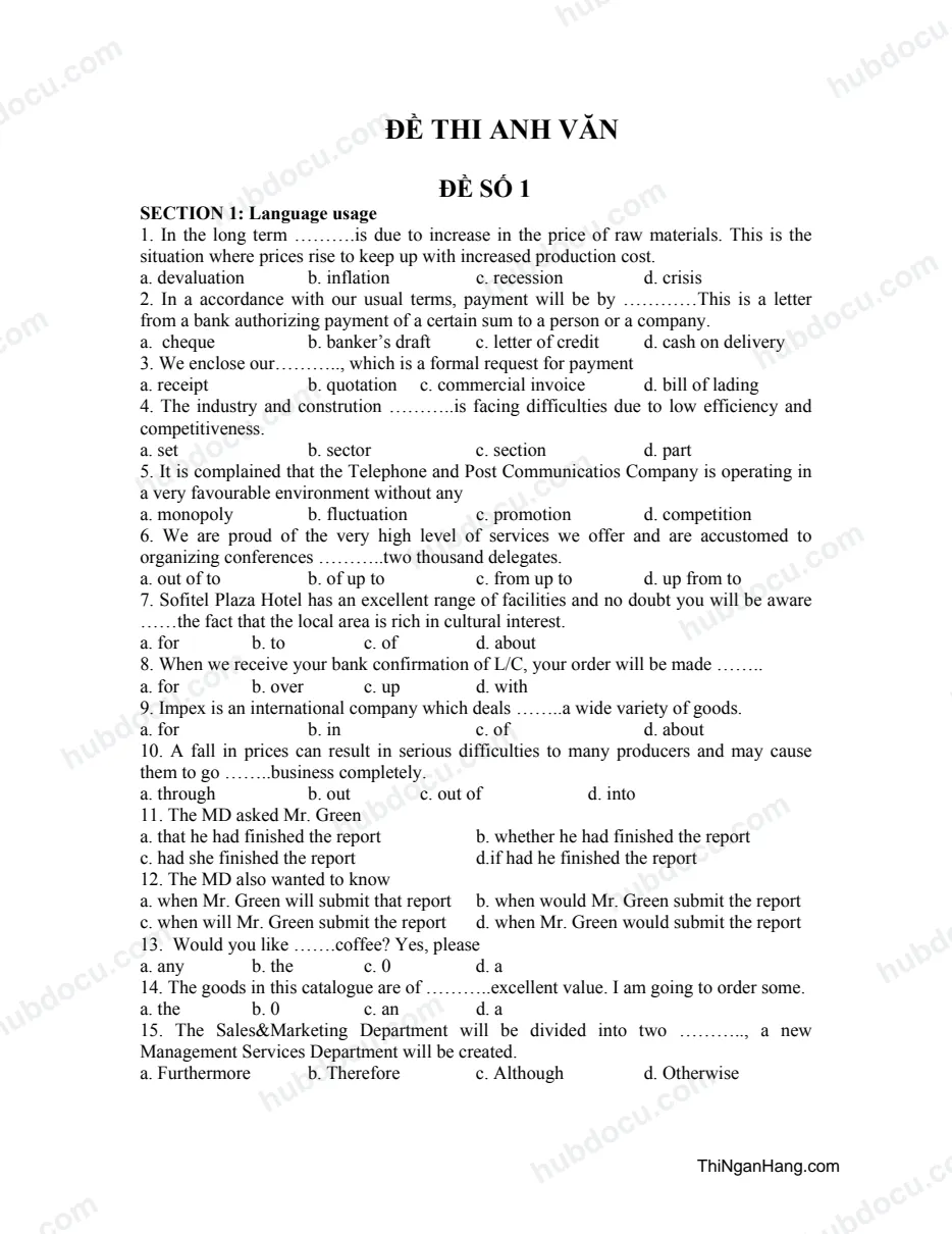 4 đề tiếng Anh thi ngân hàng
