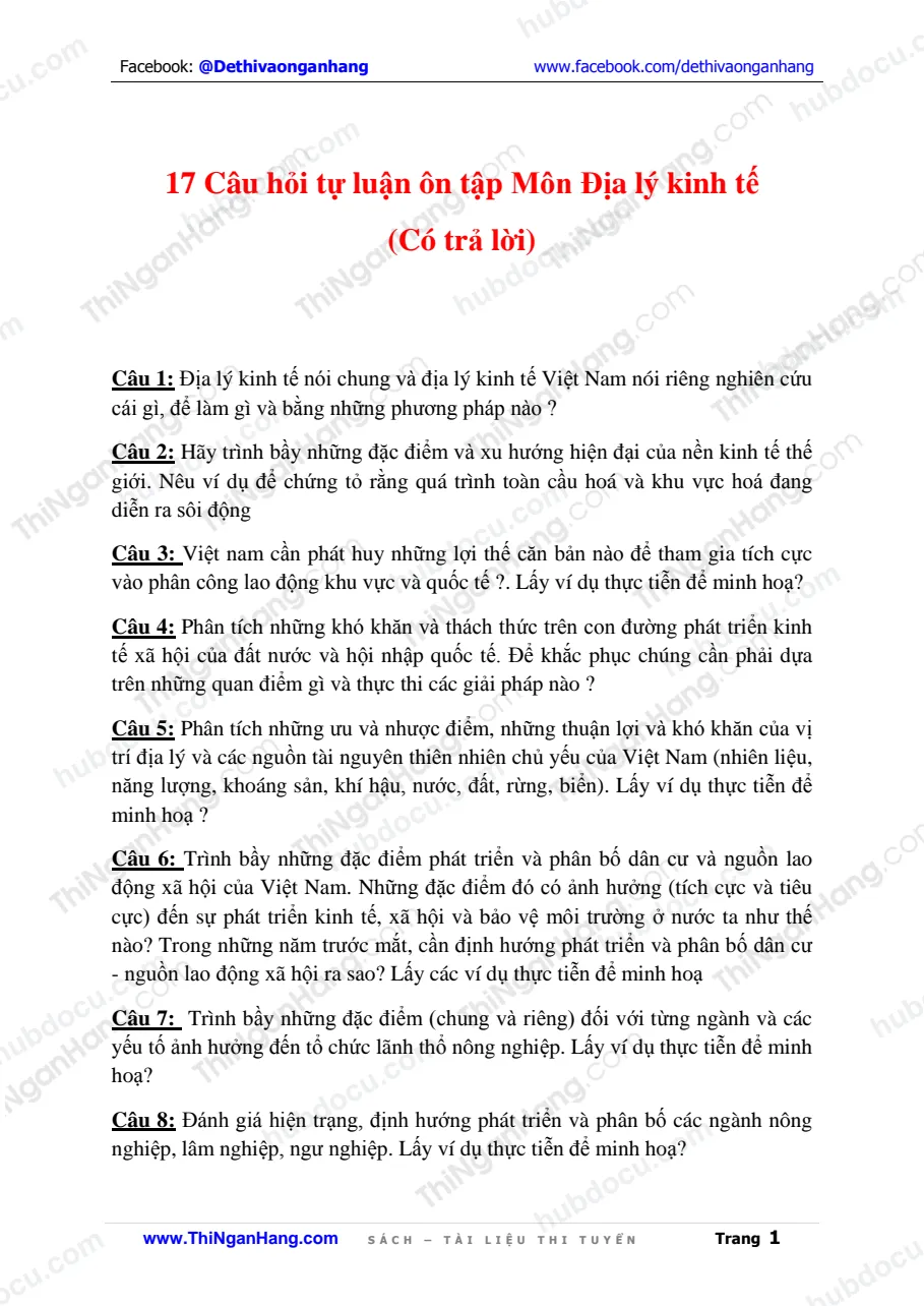 17 câu hỏi tự luận Môn Địa lý kinh tế (có trả lời)