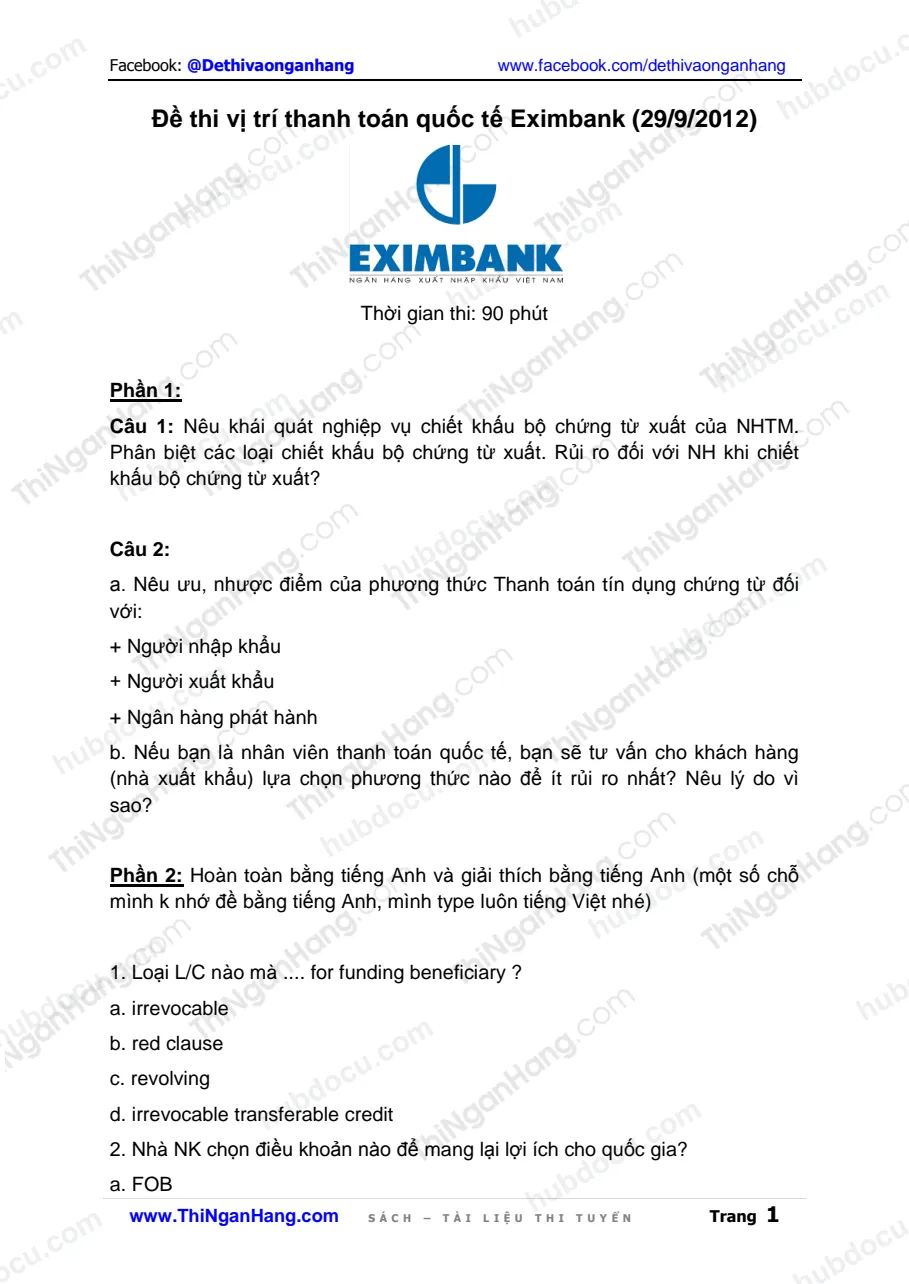 Đề thi NV Thanh toán quốc tế Eximbank (29-9-2012)