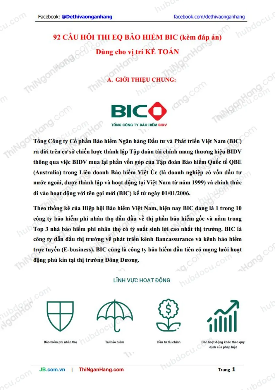 92 câu hỏi thi EQ vị trí Kế Toán Bảo hiểm BIC (kèm đáp án)