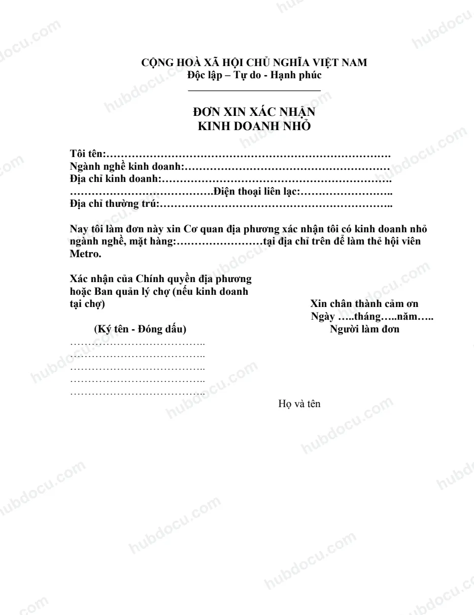 Mẫu đơn xin xác nhận kinh doanh nhỏ